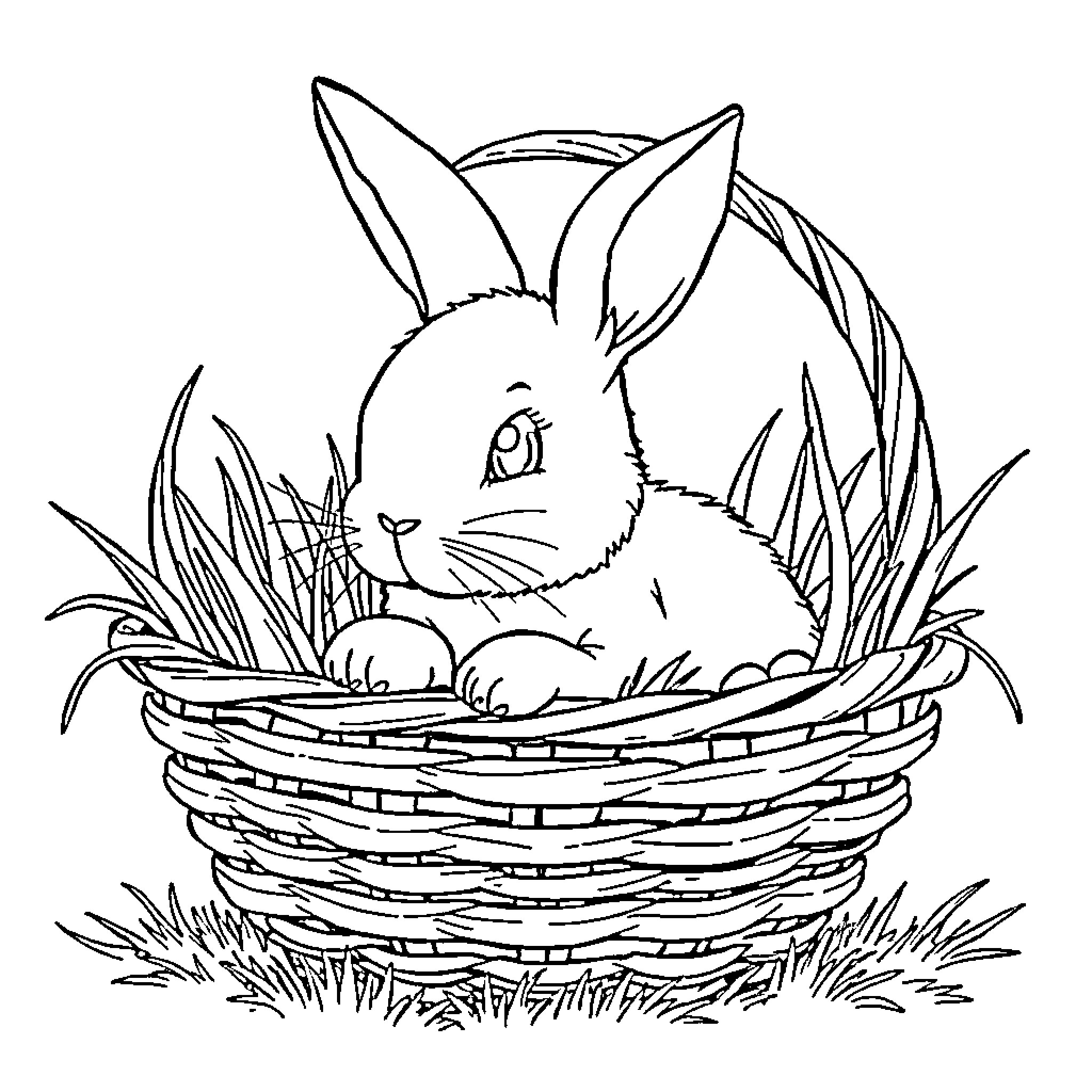 Bunny resting comfortably in a woven basket Coloring Page (free black-and-white line drawing printable PDF for all, from beginners to advanced learners, including children, teens, adults, and seniors)