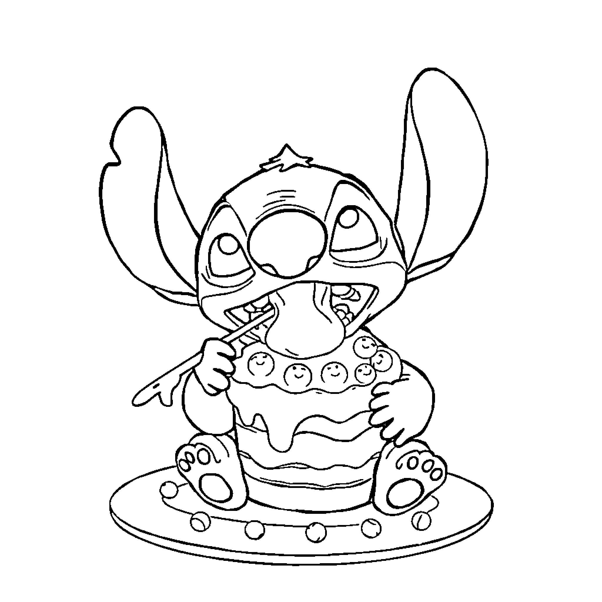 Stitch celebrating with a cake Coloring Page (free black-and-white line drawing printable PDF for all, from beginners to advanced learners, including children, teens, adults, and seniors)