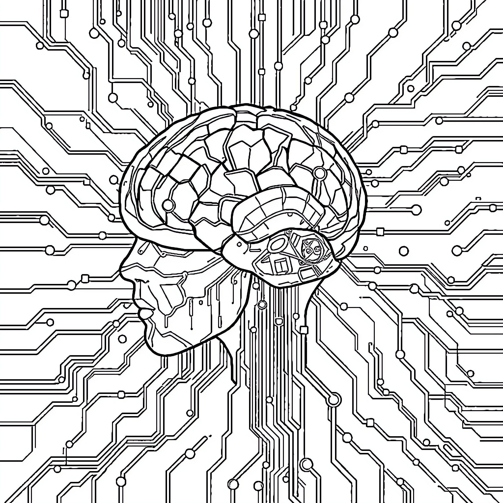 AI Brain circuit diagram Coloring Page (free black-and-white line drawing printable PDF for all, from beginners to advanced learners, including children, teens, adults, and seniors)