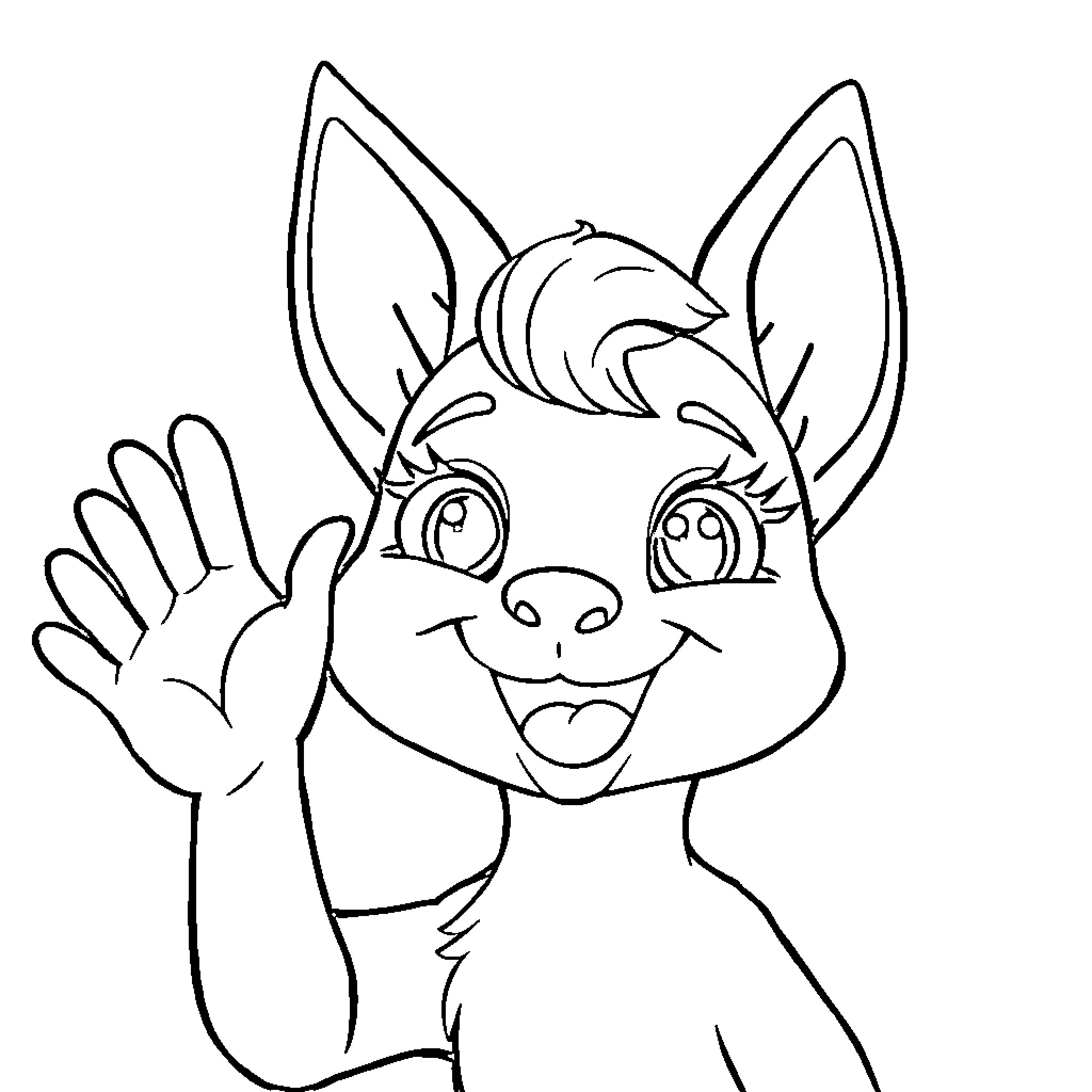 Klee's Friendly Cartoon Creature Waving Coloring Page (free black-and-white line drawing printable PDF for all, from beginners to advanced learners, including children, teens, adults, and seniors)