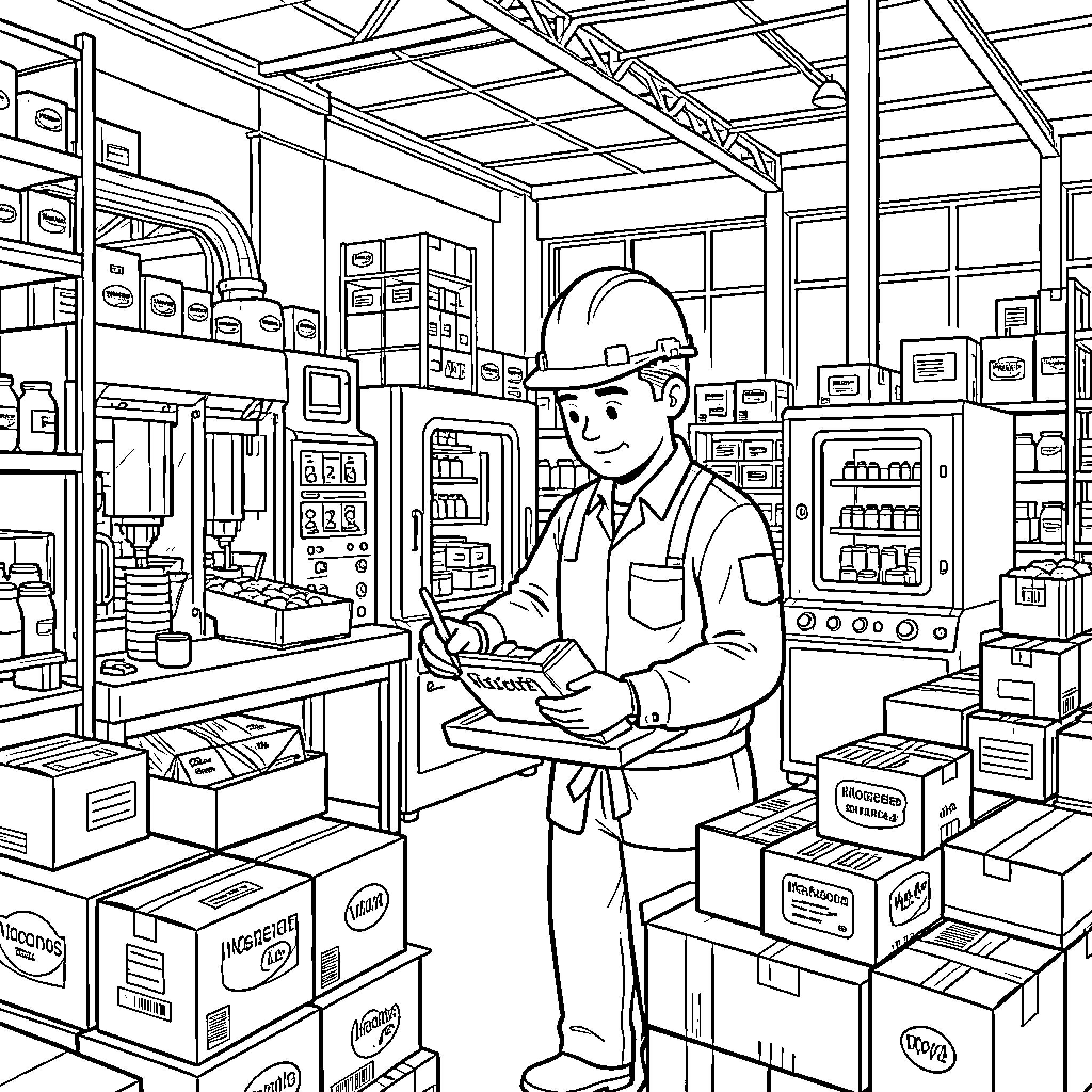 Food Engineer inspecting product in warehouse Coloring Page (free black-and-white line drawing printable PDF for all, from beginners to advanced learners, including children, teens, adults, and seniors)