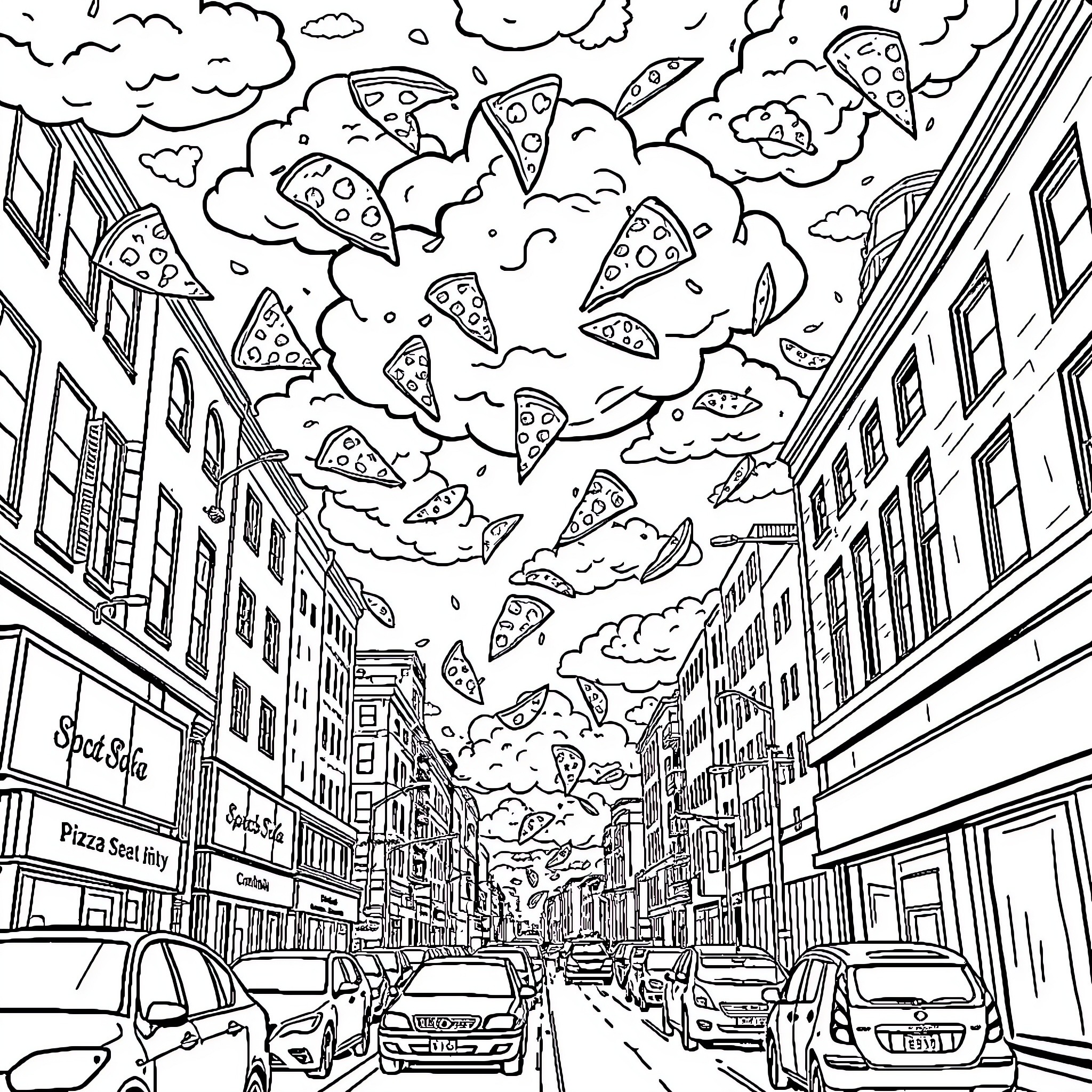 Pizza Parties Raining Down in the City Coloring Page (free black-and-white line drawing printable PDF for all, from beginners to advanced learners, including children, teens, adults, and seniors)