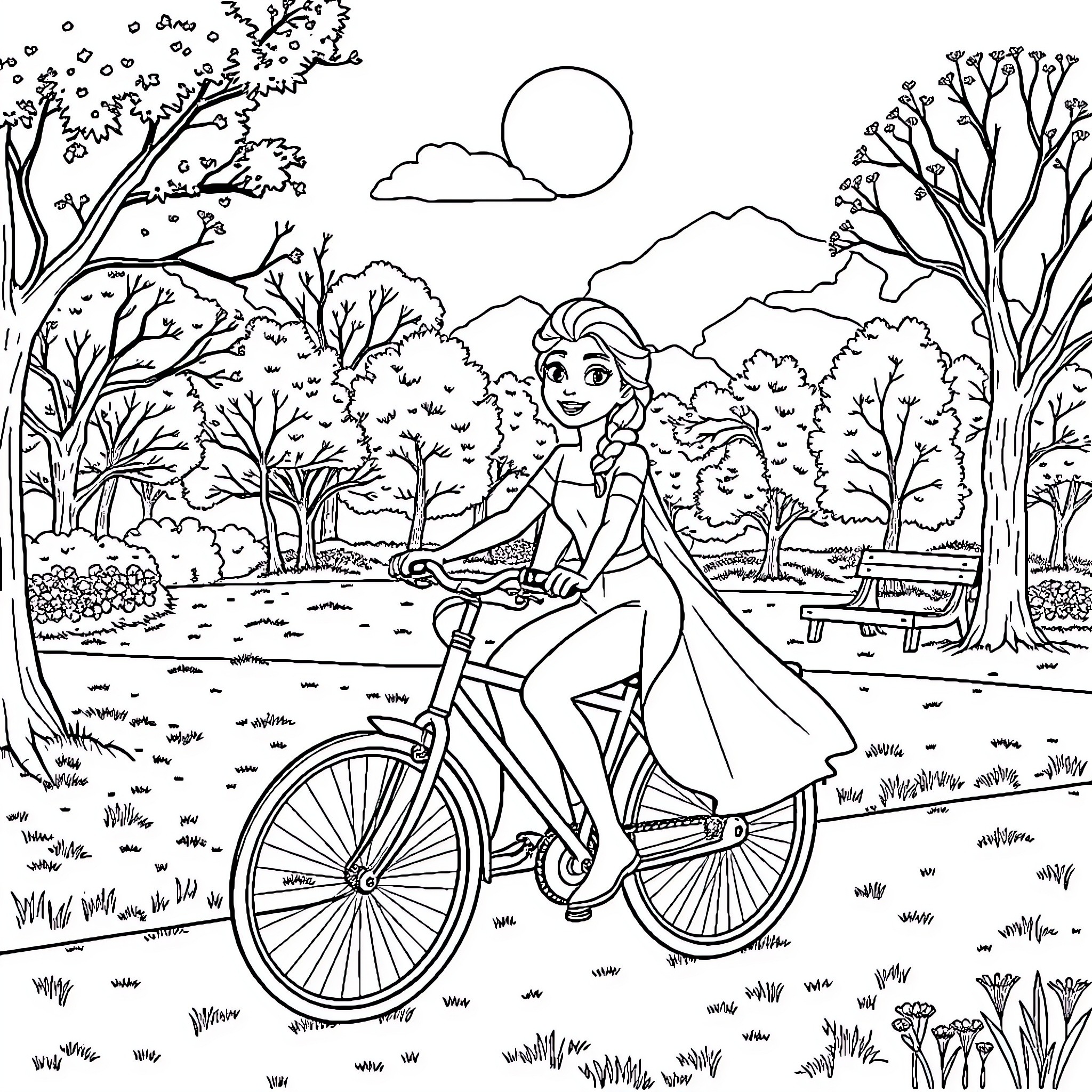 Elsa's Bicycle Adventure in the Enchanted Forest Coloring Page (free black-and-white line drawing printable PDF for all, from beginners to advanced learners, including children, teens, adults, and seniors)