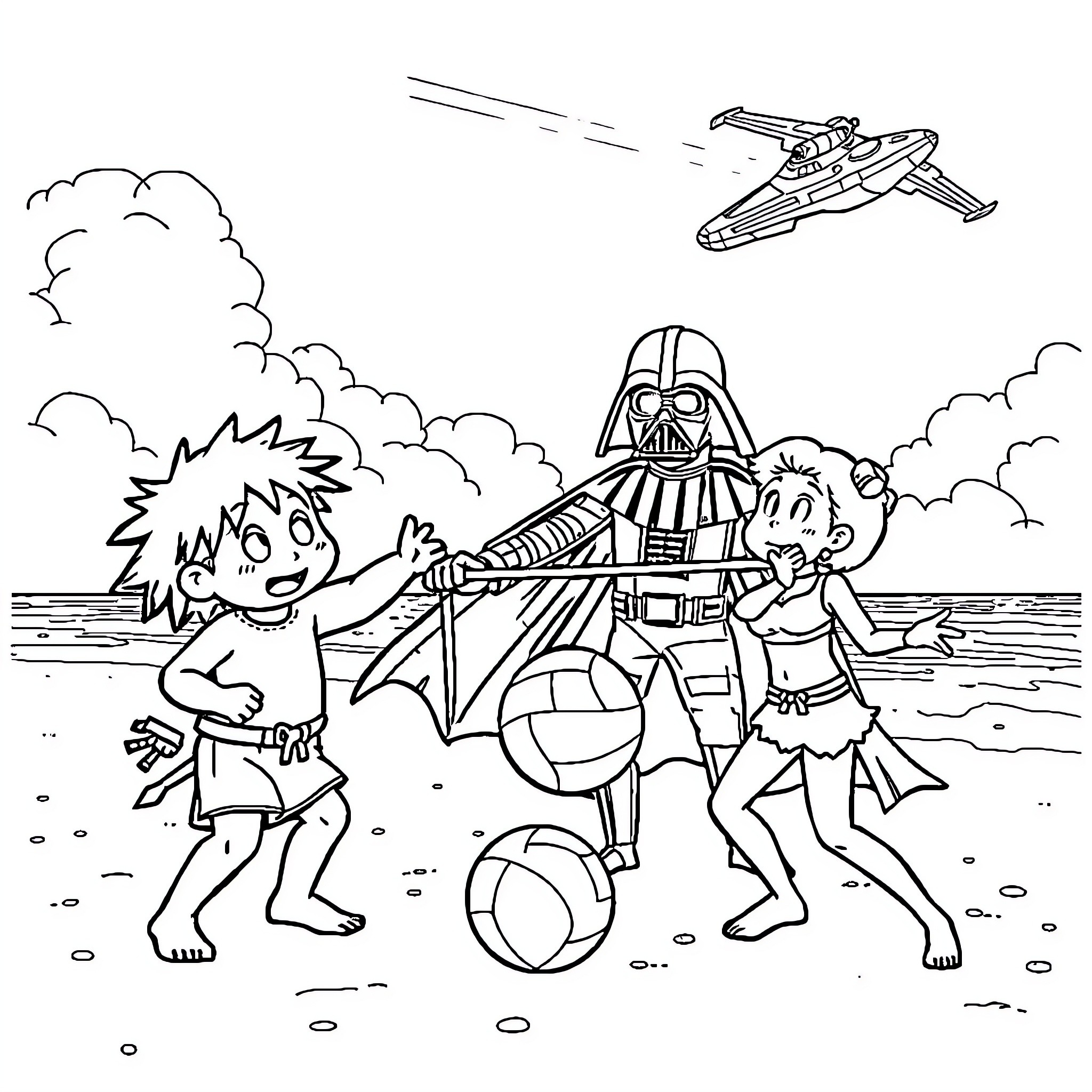 Sangoku characters in playful beach scene Coloring Page (free black-and-white line drawing printable PDF for all, from beginners to advanced learners, including children, teens, adults, and seniors)