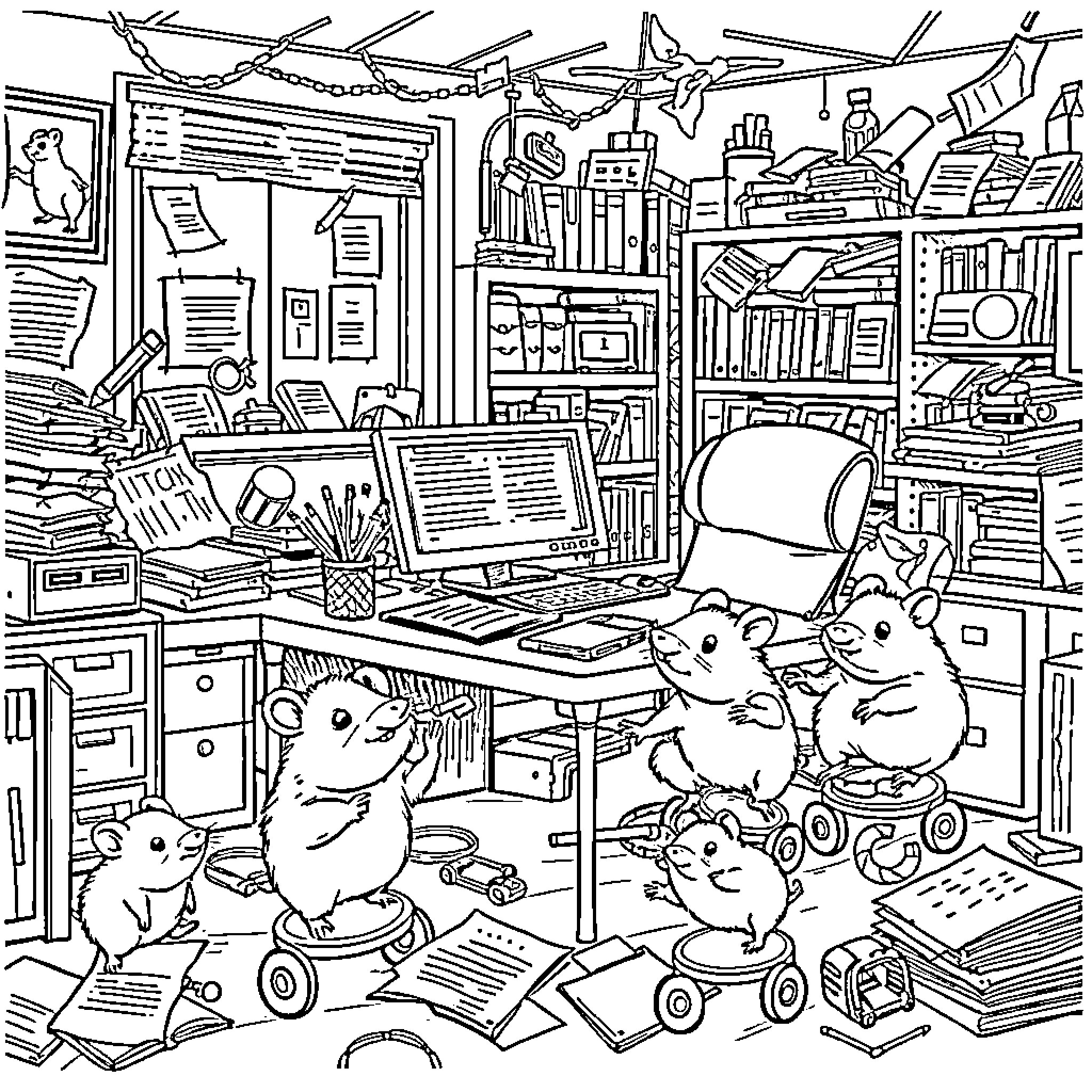 Hamsters scurrying in a cluttered office Coloring Page (free black-and-white line drawing printable PDF for all, from beginners to advanced learners, including children, teens, adults, and seniors)