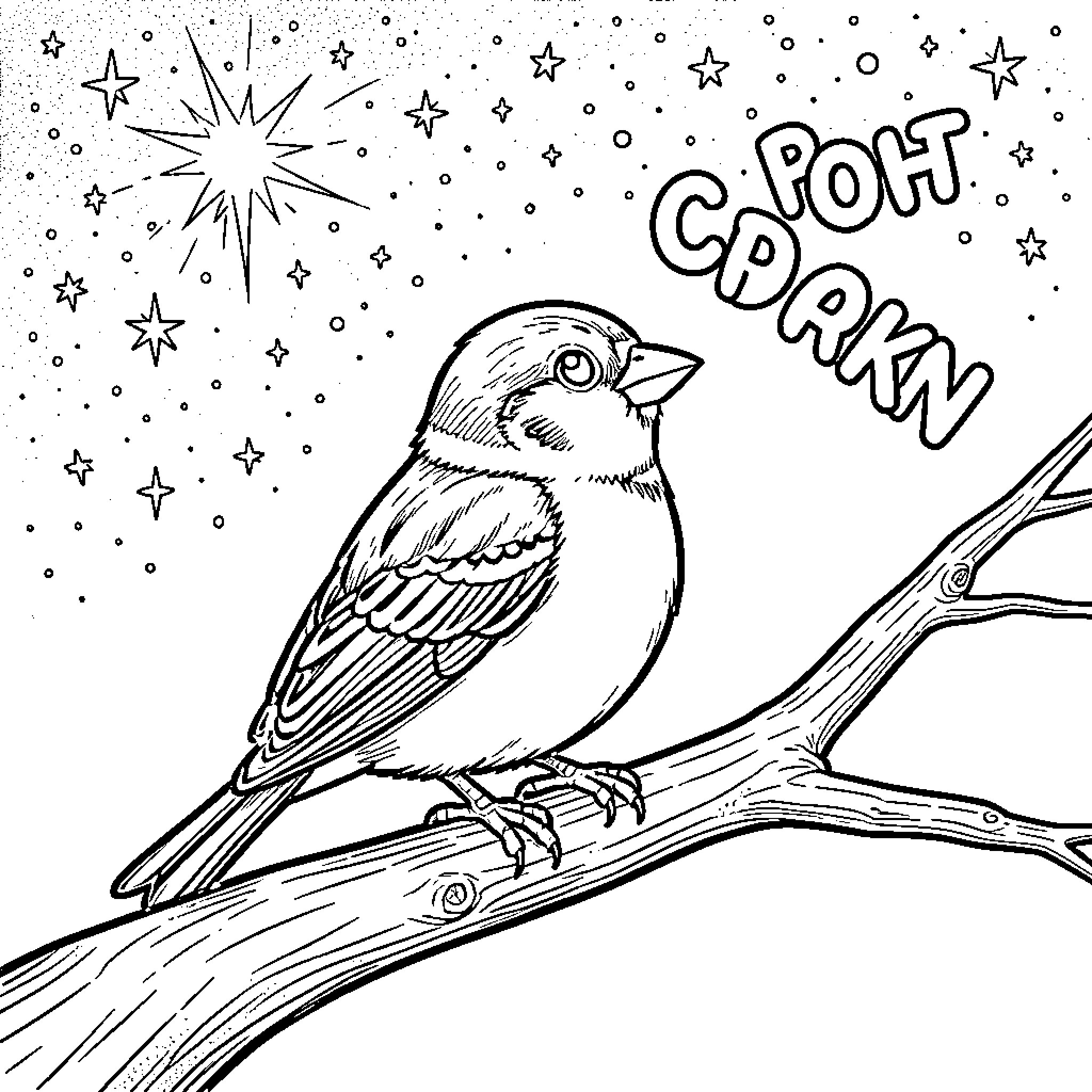 Sparrow chirping under the starry night sky Coloring Page (free black-and-white line drawing printable PDF for all, from beginners to advanced learners, including children, teens, adults, and seniors)