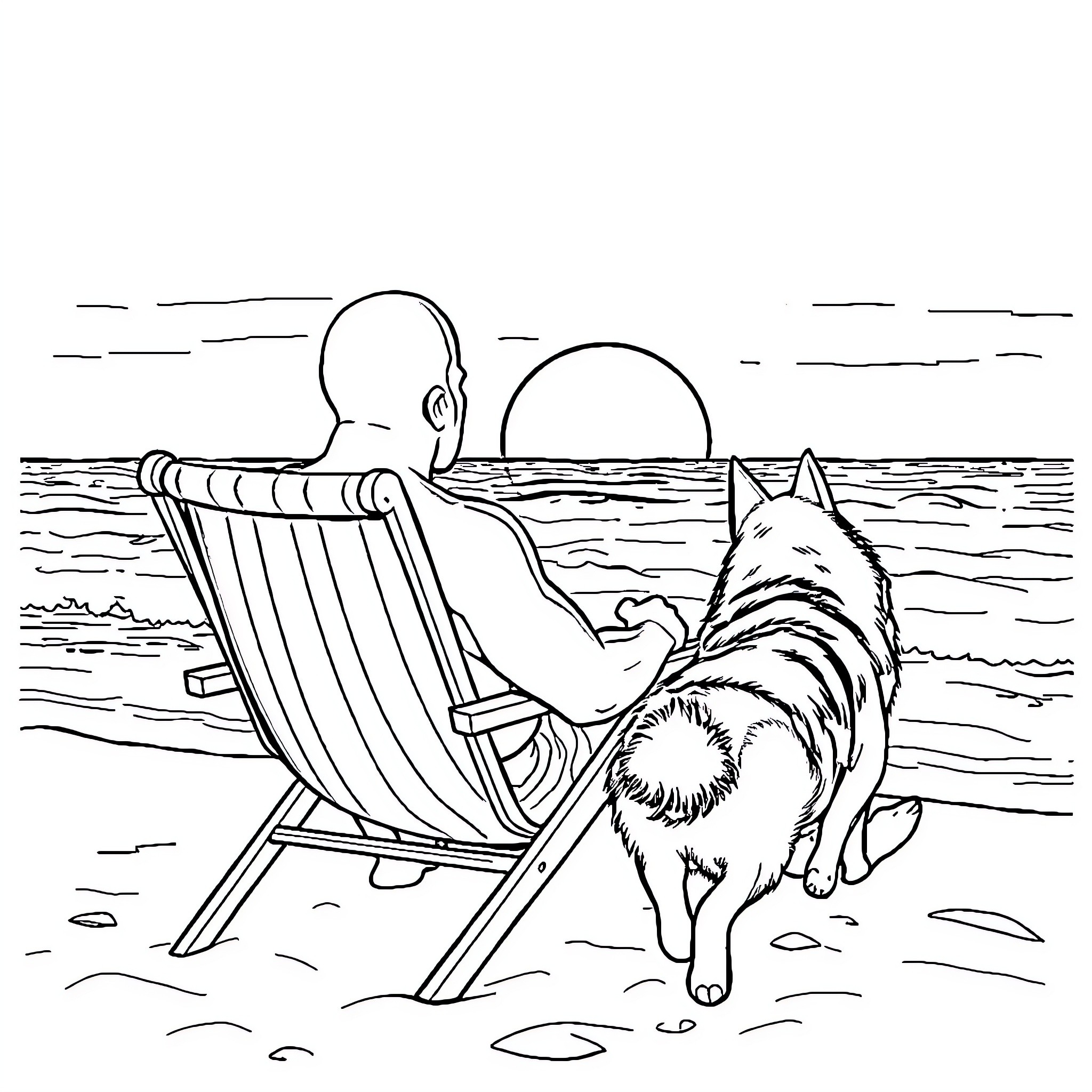 Man relaxing on beach chair with dog Coloring Page (free black-and-white line drawing printable PDF for all, from beginners to advanced learners, including children, teens, adults, and seniors)