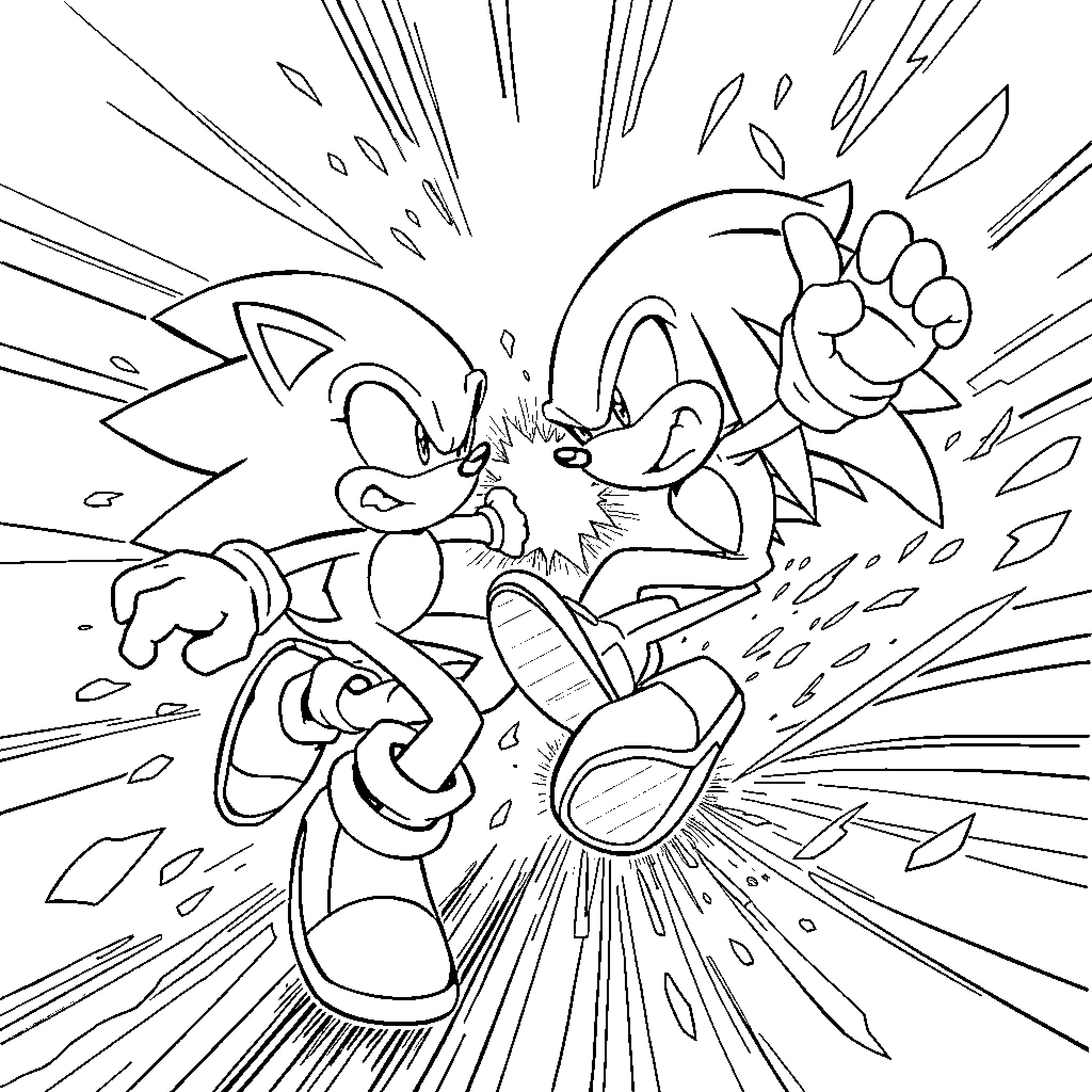 Sonic characters in action-packed scene Coloring Page (free black-and-white line drawing printable PDF for all, from beginners to advanced learners, including children, teens, adults, and seniors)