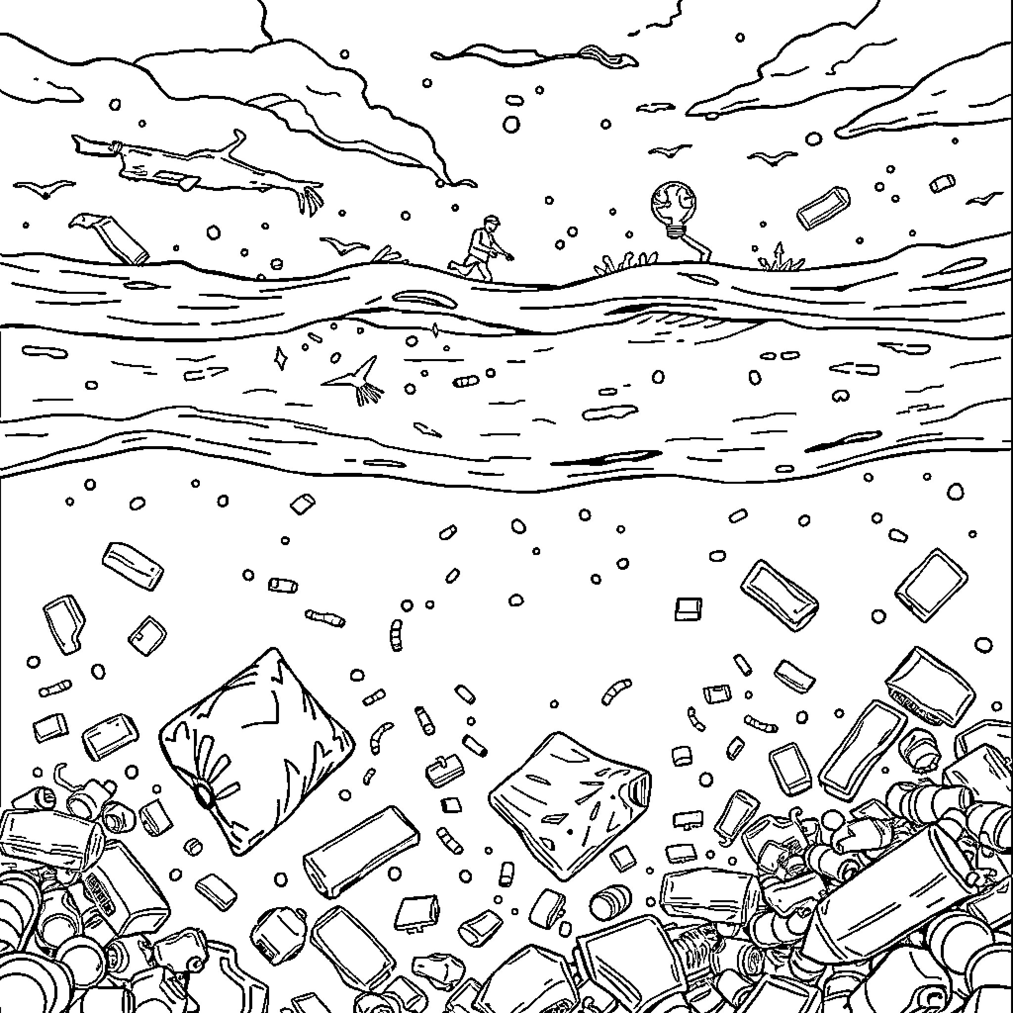 Ocean Pollution and Debris Landscape Coloring Page (free black-and-white line drawing printable PDF for all, from beginners to advanced learners, including children, teens, adults, and seniors)