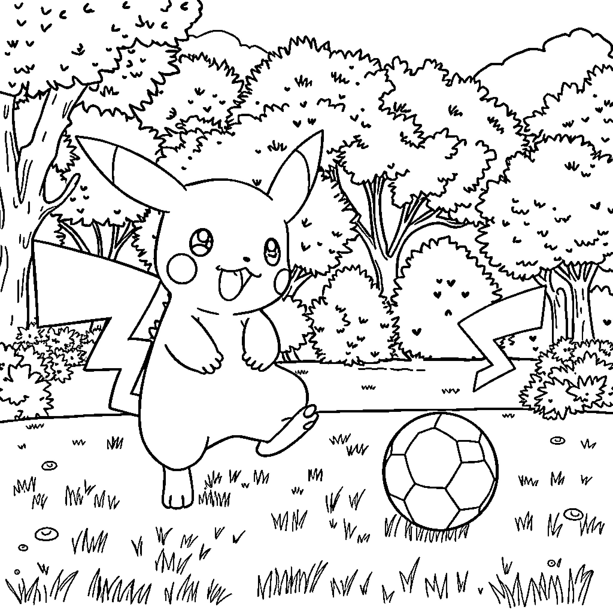 Pokémon playing with a soccer ball in the forest Coloring Page (free black-and-white line drawing printable PDF for all, from beginners to advanced learners, including children, teens, adults, and seniors)