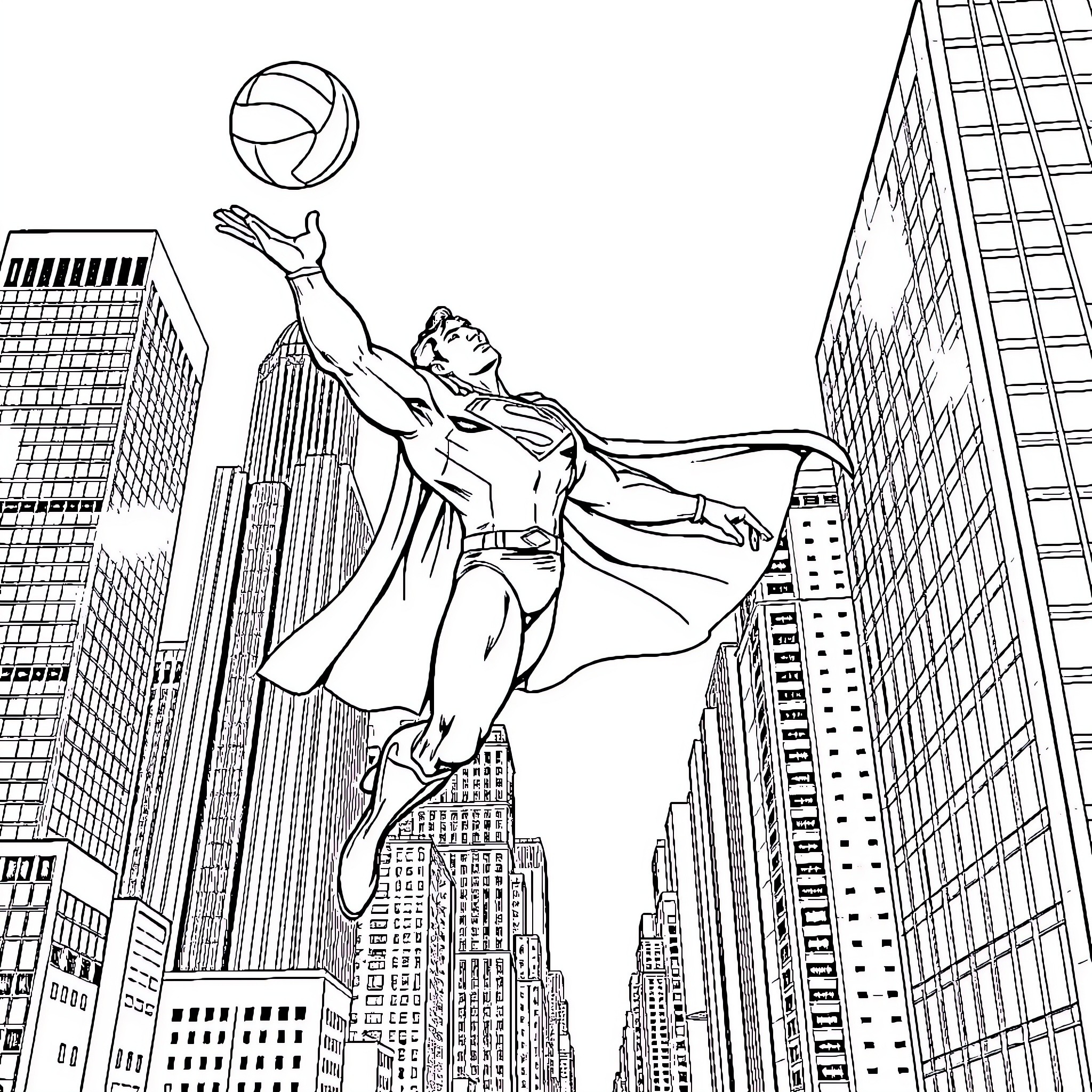 Superman soaring through the city skyline Coloring Page (free black-and-white line drawing printable PDF for all, from beginners to advanced learners, including children, teens, adults, and seniors)