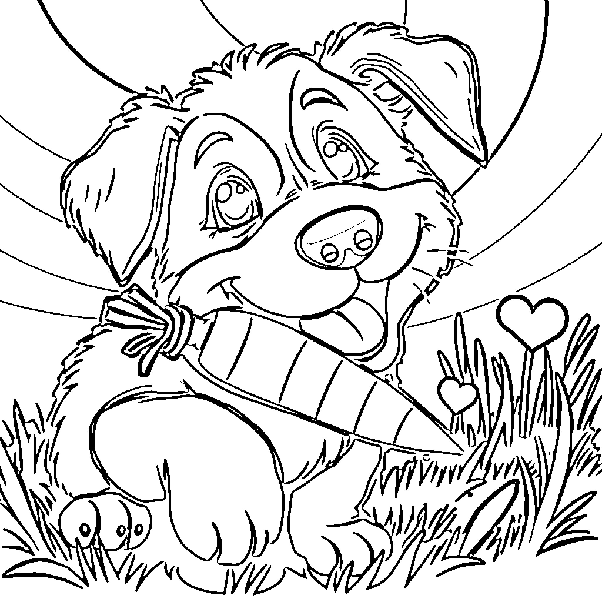 Dog enjoying a carrot in the garden Coloring Page (free black-and-white line drawing printable PDF for all, from beginners to advanced learners, including children, teens, adults, and seniors)
