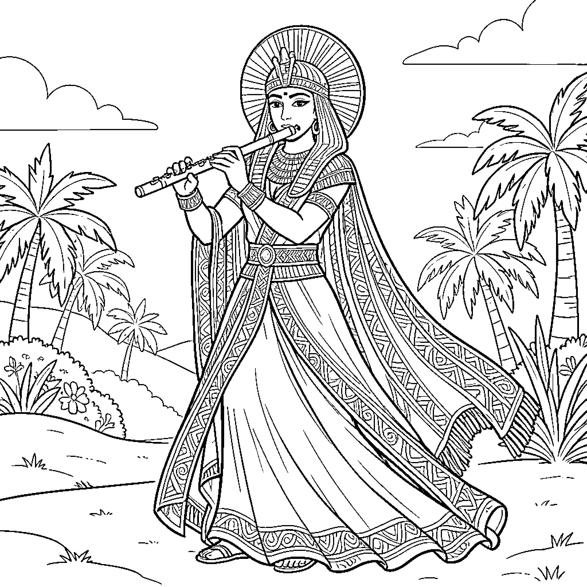 Goddess playing a flute in a tropical paradise Coloring Page (free black-and-white line drawing printable PDF for all, from beginners to advanced learners, including children, teens, adults, and seniors)