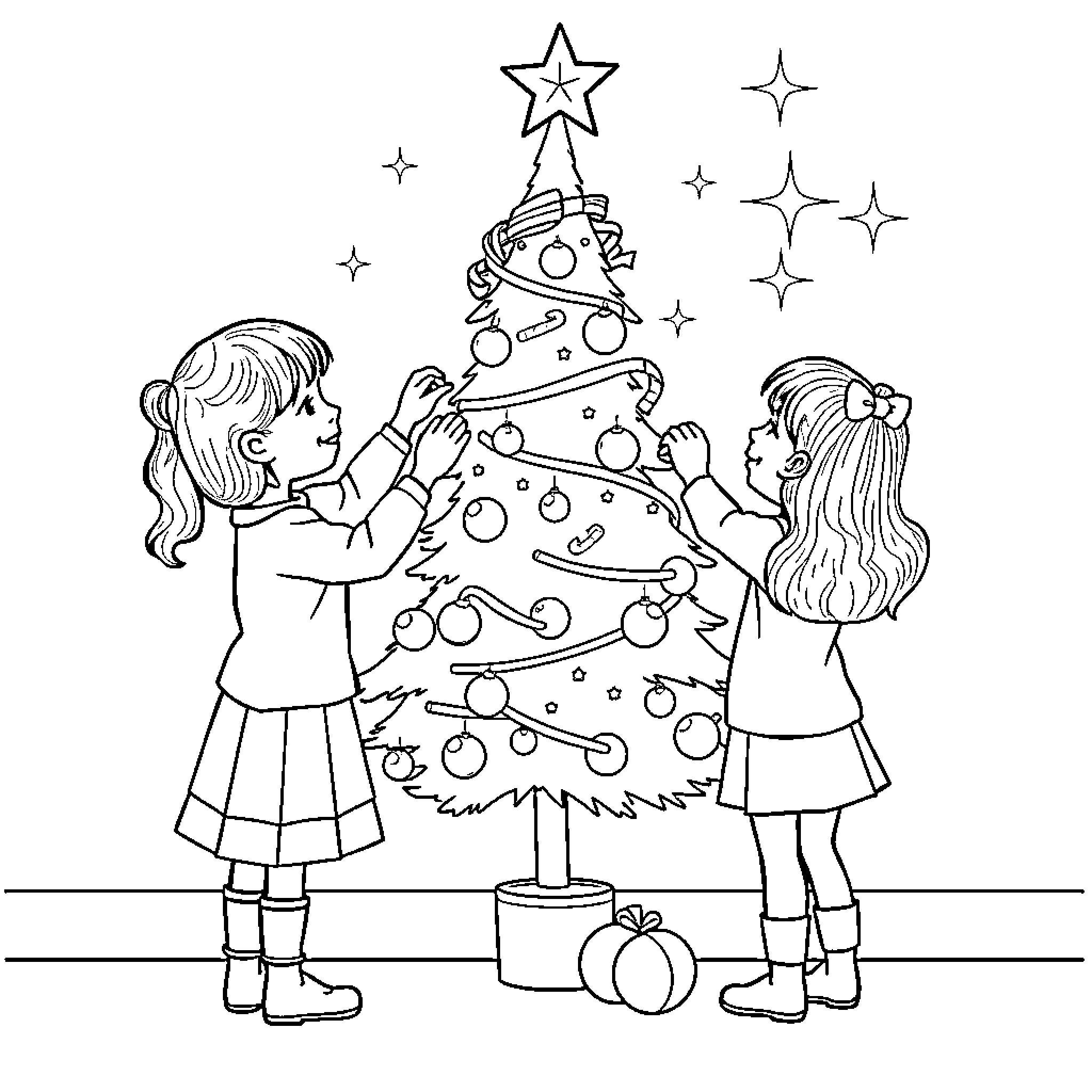Girls decorating Christmas tree with ornaments Coloring Page (free black-and-white line drawing printable PDF for all, from beginners to advanced learners, including children, teens, adults, and seniors)
