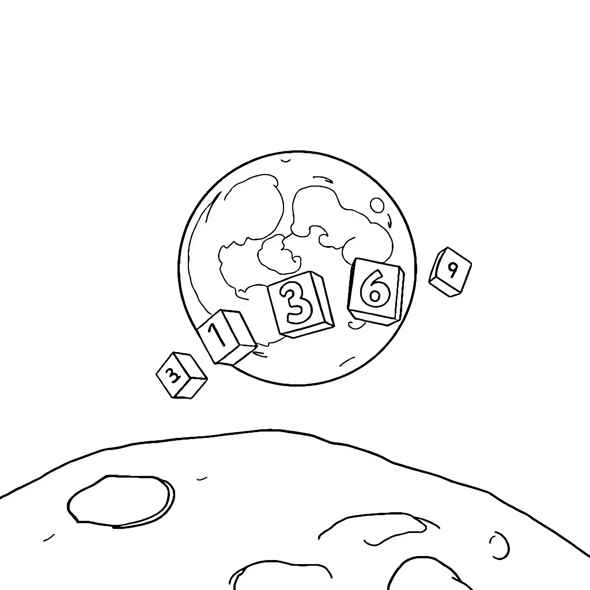 Number Blocks Floating Around the Planet Coloring Page (free black-and-white line drawing printable PDF for all, from beginners to advanced learners, including children, teens, adults, and seniors)