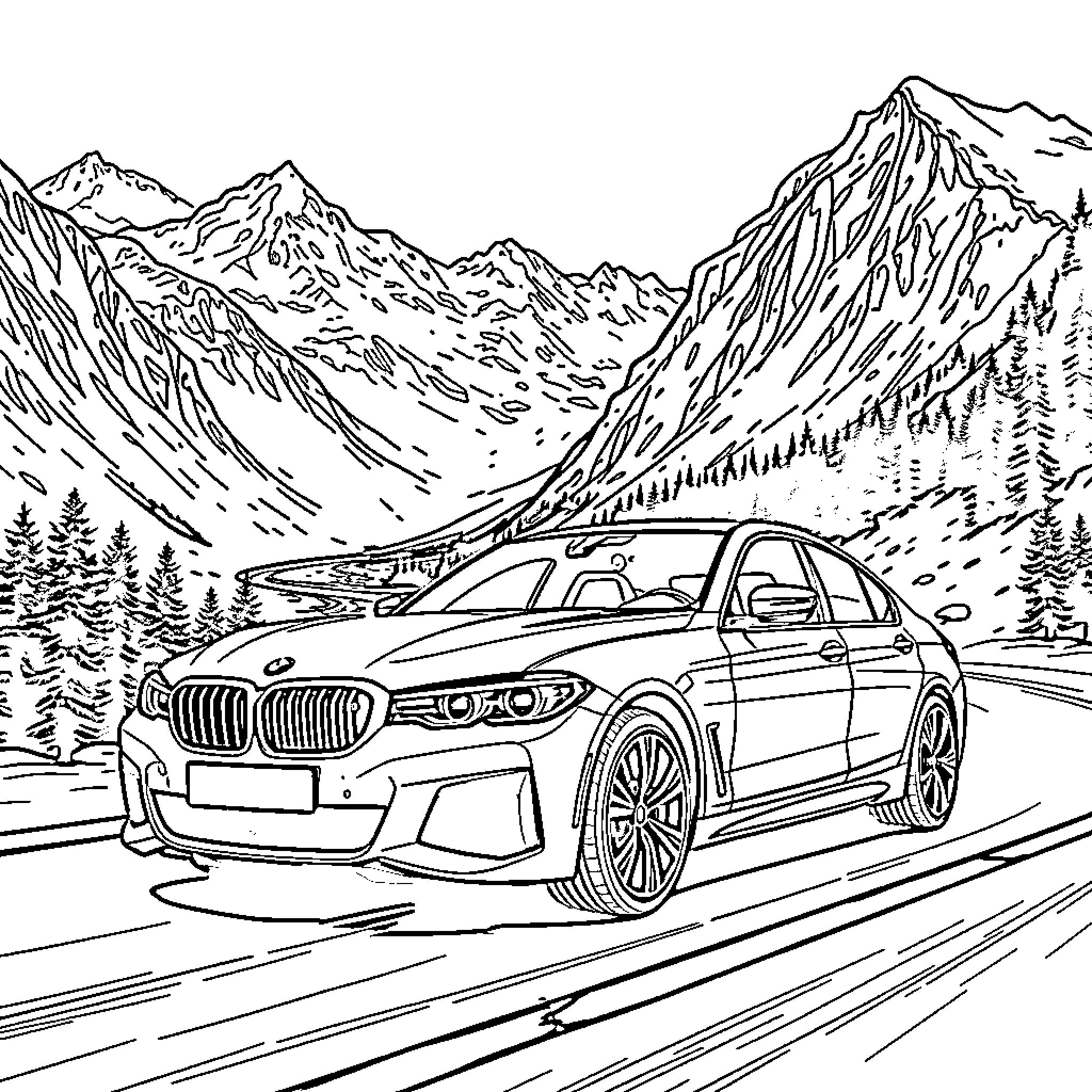 BMW speeding through scenic mountain landscape Coloring Page (free black-and-white line drawing printable PDF for all, from beginners to advanced learners, including children, teens, adults, and seniors)