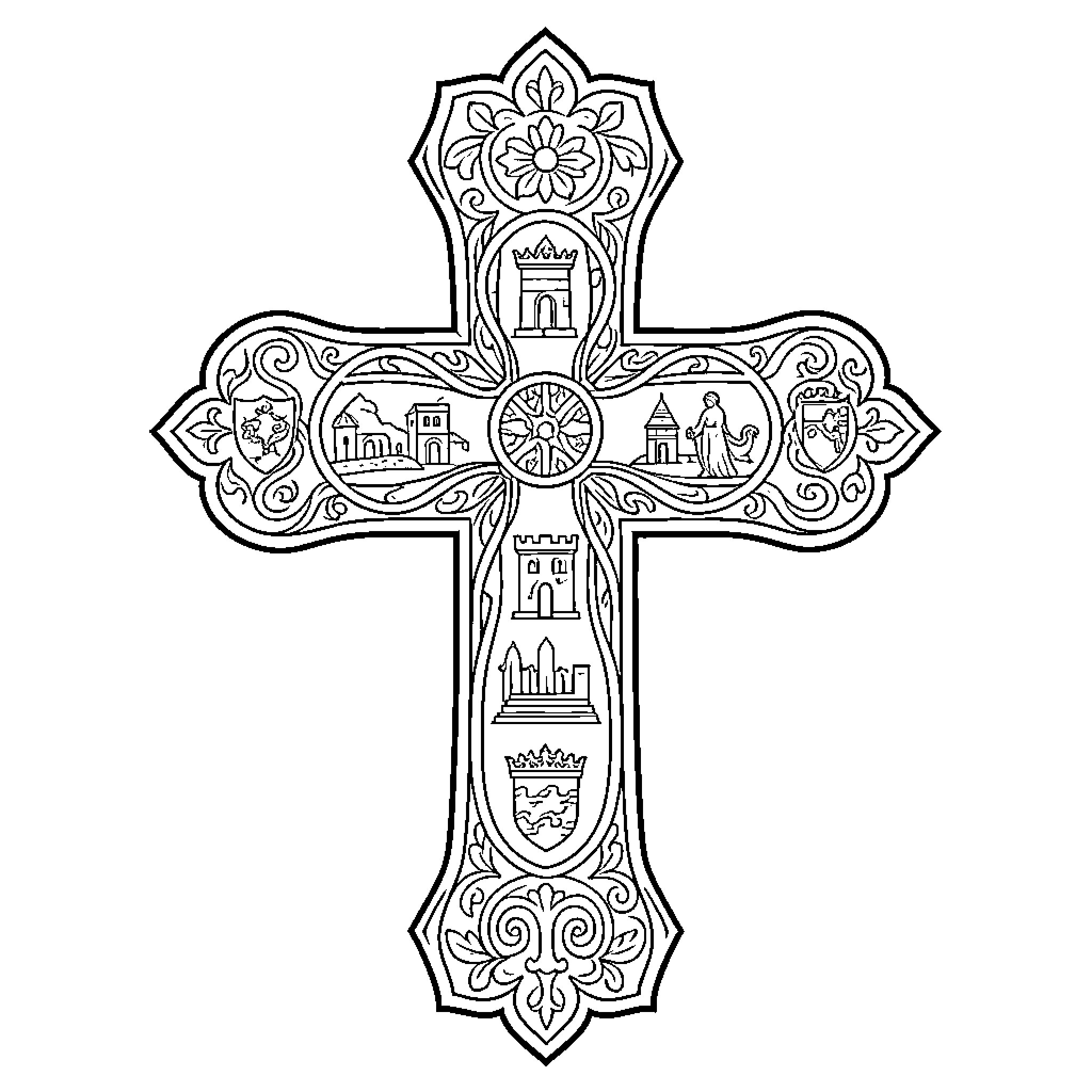 Occitan Cross featuring various intricate architectural and heraldic symbols Coloring Page (free black-and-white line drawing printable PDF for all, from beginners to advanced learners, including children, teens, adults, and seniors)