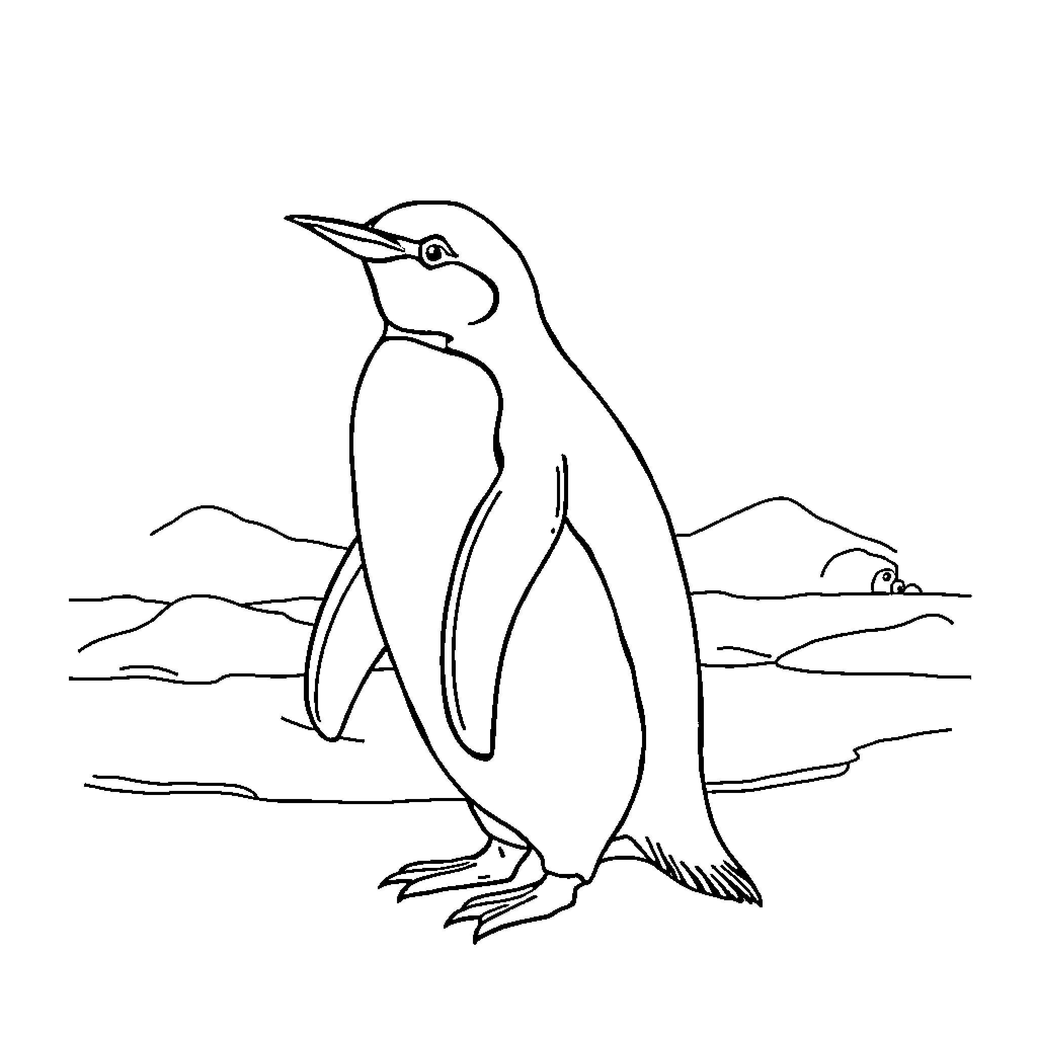 Penguin walking alone on icy landscape Coloring Page (free black-and-white line drawing printable PDF for all, from beginners to advanced learners, including children, teens, adults, and seniors)