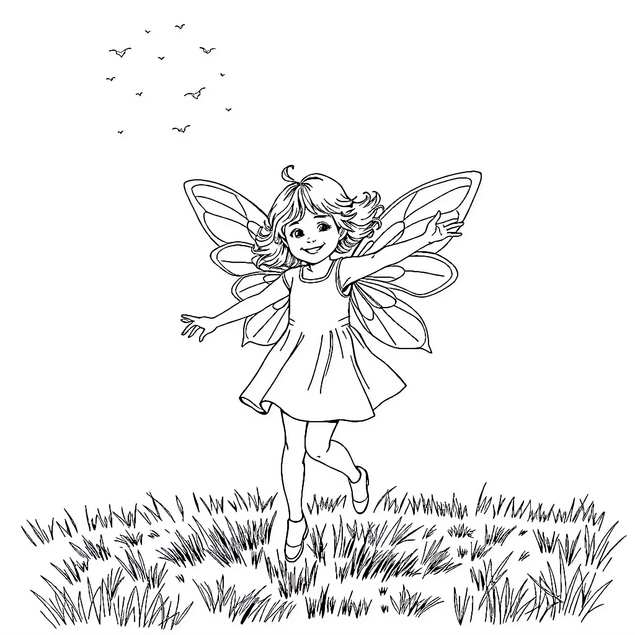 Girl fairy dancing in the meadow Coloring Page (free black-and-white line drawing printable PDF for all, from beginners to advanced learners, including children, teens, adults, and seniors)