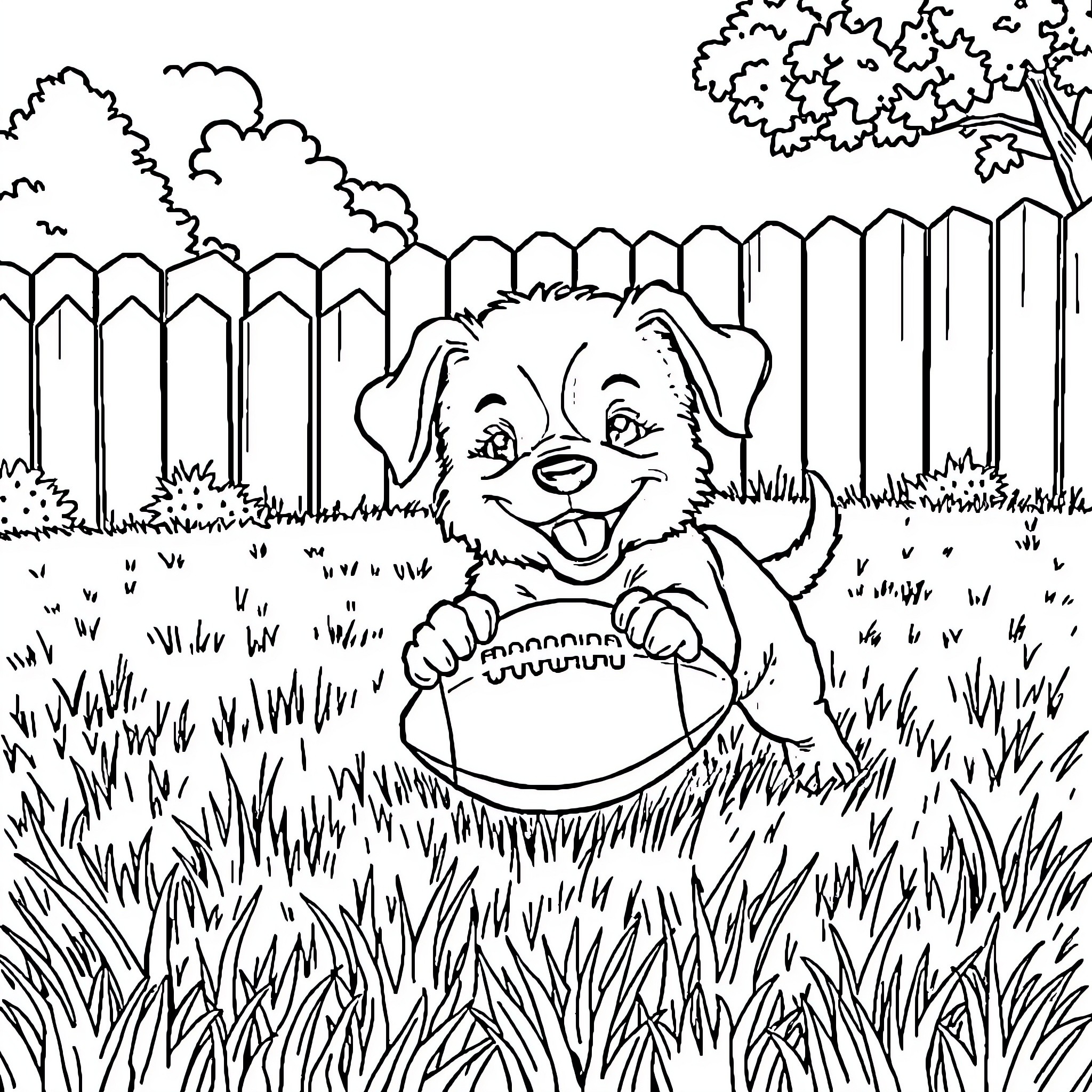 Puppy playing happily in the backyard Coloring Page (free black-and-white line drawing printable PDF for all, from beginners to advanced learners, including children, teens, adults, and seniors)