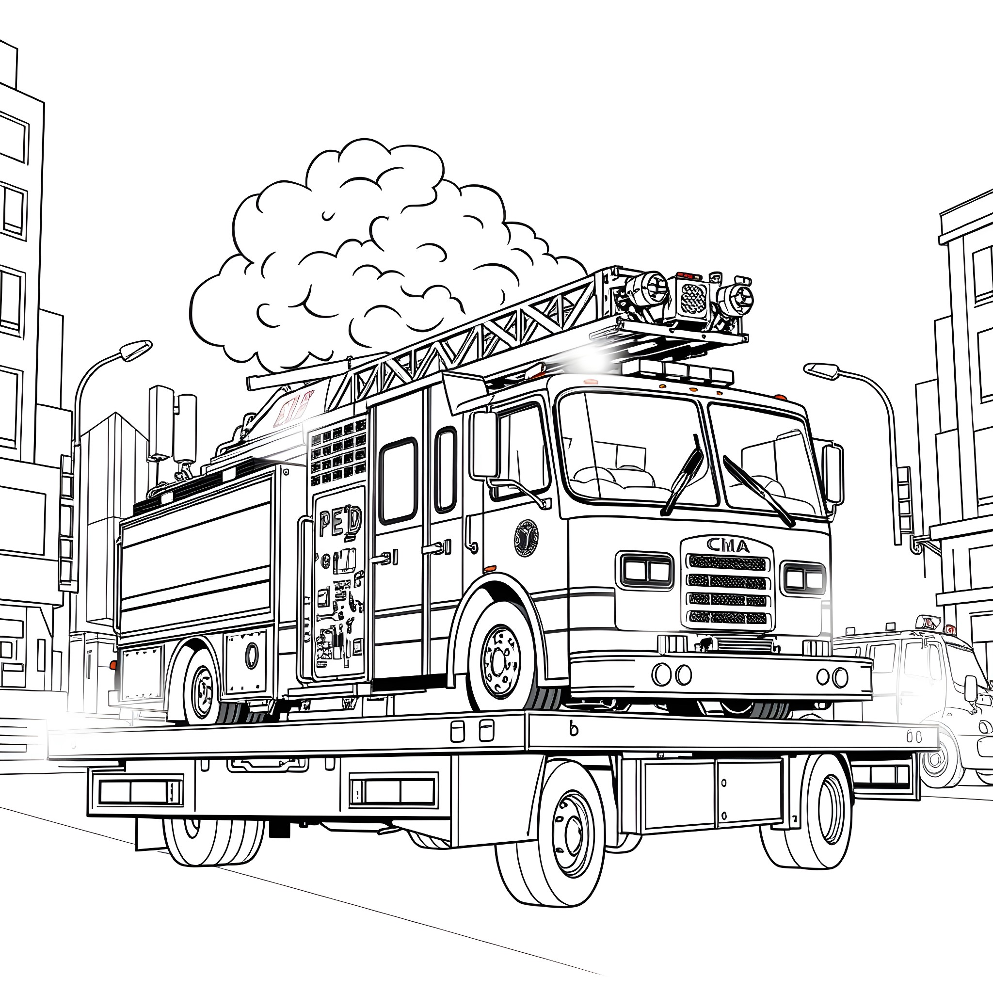 Train of firefighters responding to emergency Coloring Page (free black-and-white line drawing printable PDF for all, from beginners to advanced learners, including children, teens, adults, and seniors)