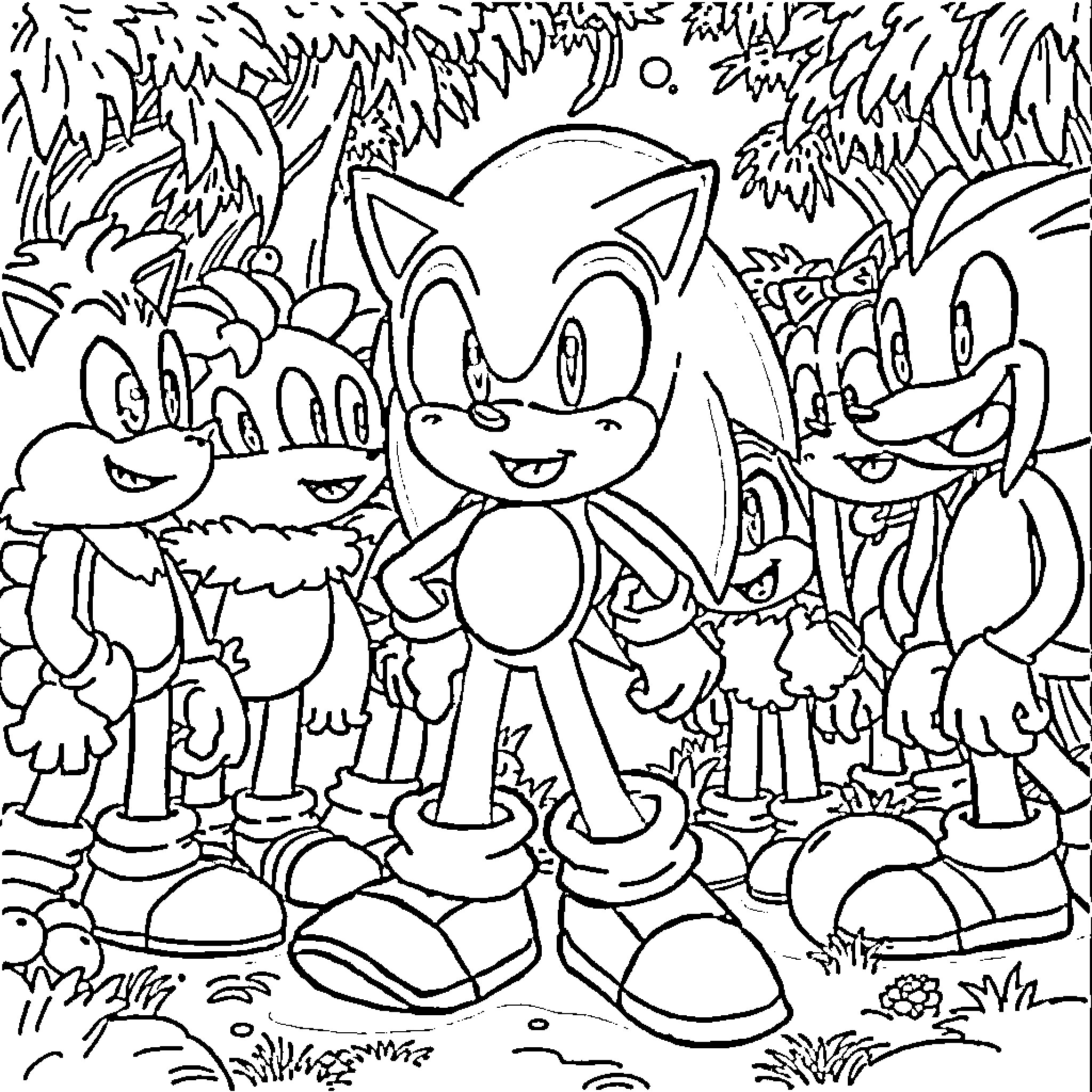 Sonic and Friends' Playful Adventure in the Forest Coloring Page (free black-and-white line drawing printable PDF for all, from beginners to advanced learners, including children, teens, adults, and seniors)