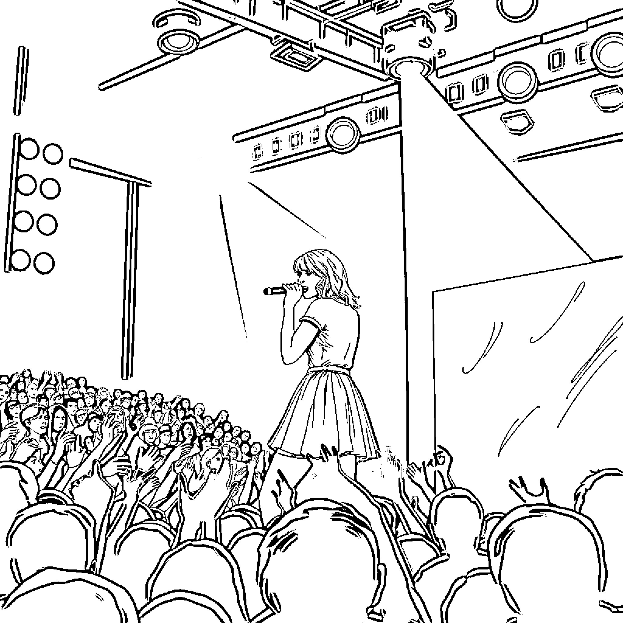 Taylor Swift Performing on Stage for Cheering Crowd Coloring Page (free black-and-white line drawing printable PDF for all, from beginners to advanced learners, including children, teens, adults, and seniors)