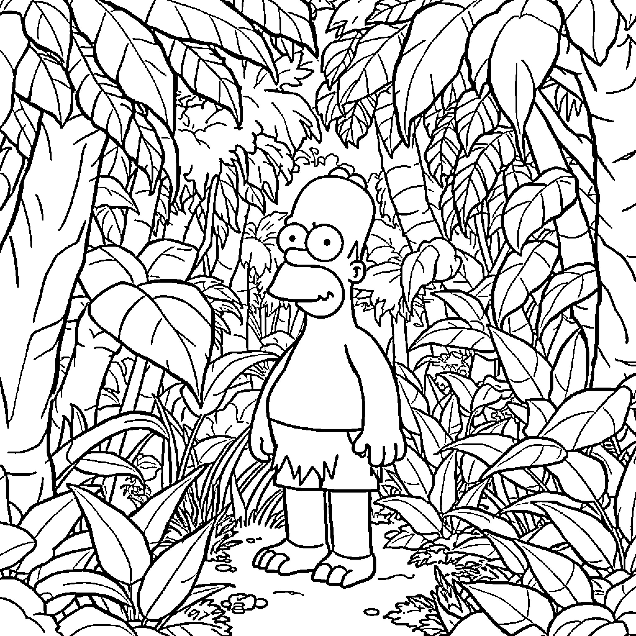 Homer Exploring the Mysterious Jungle Landscape Coloring Page (free black-and-white line drawing printable PDF for all, from beginners to advanced learners, including children, teens, adults, and seniors)