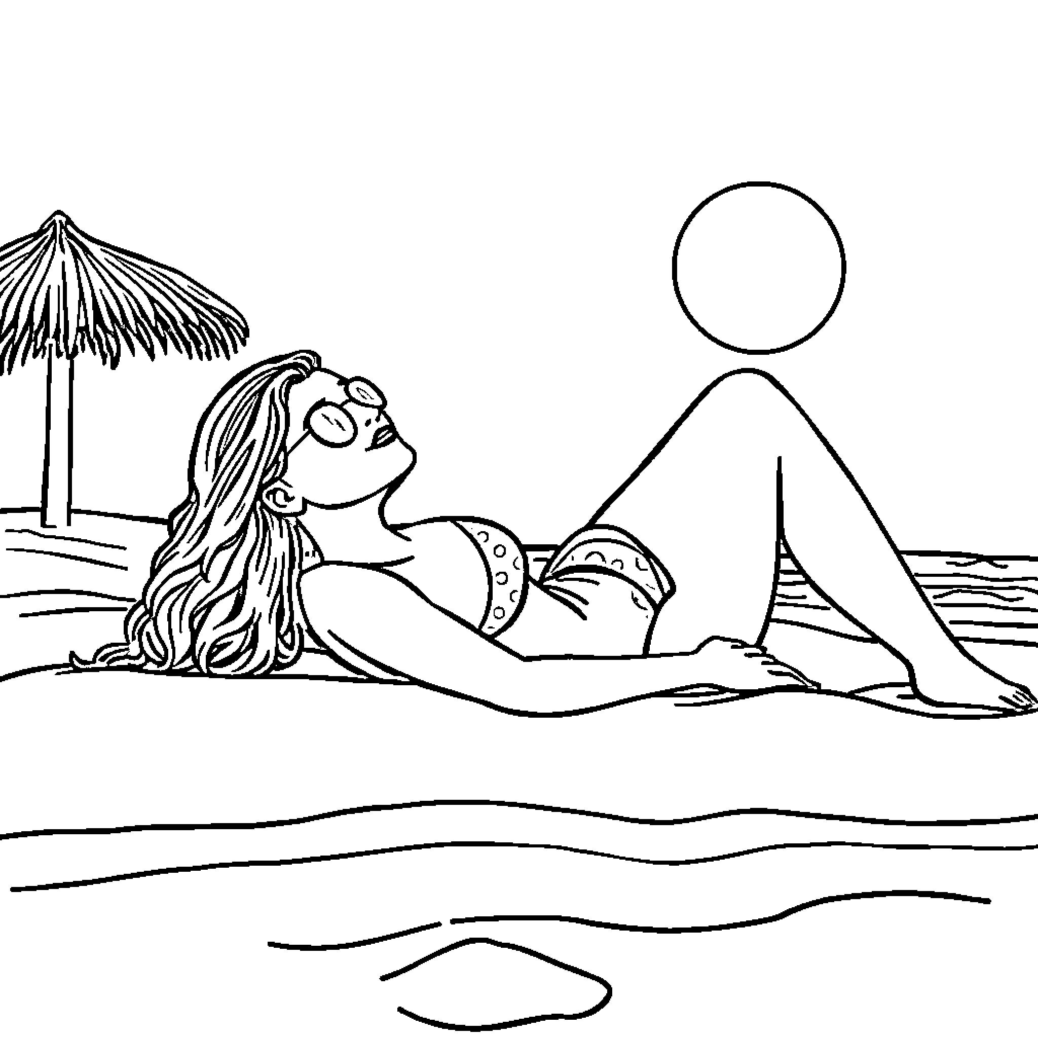 Woman relaxing on the beach under an umbrella Coloring Page (free black-and-white line drawing printable PDF for all, from beginners to advanced learners, including children, teens, adults, and seniors)