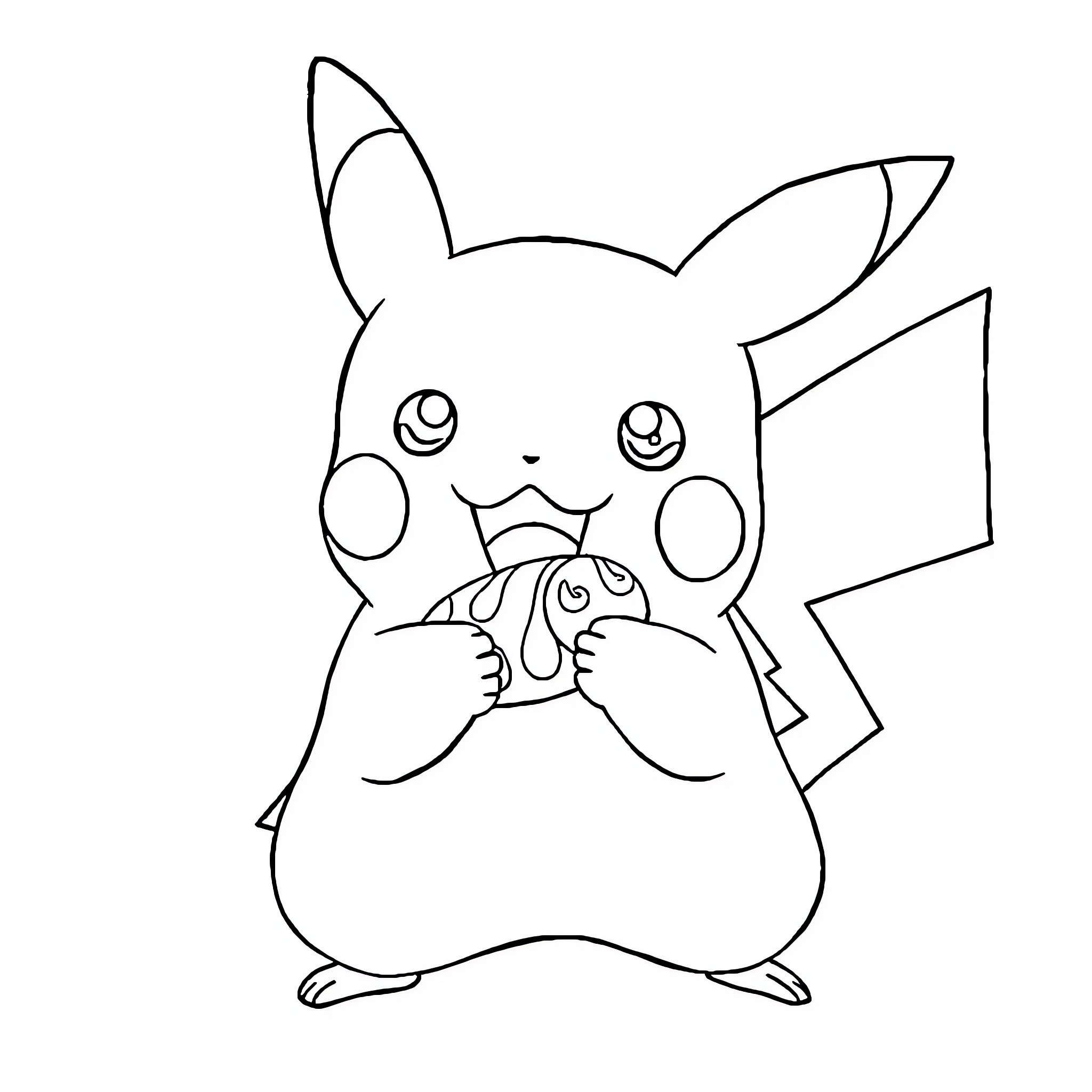 Pikachu enjoying a delicious treat Coloring Page (free black-and-white line drawing printable PDF for all, from beginners to advanced learners, including children, teens, adults, and seniors)