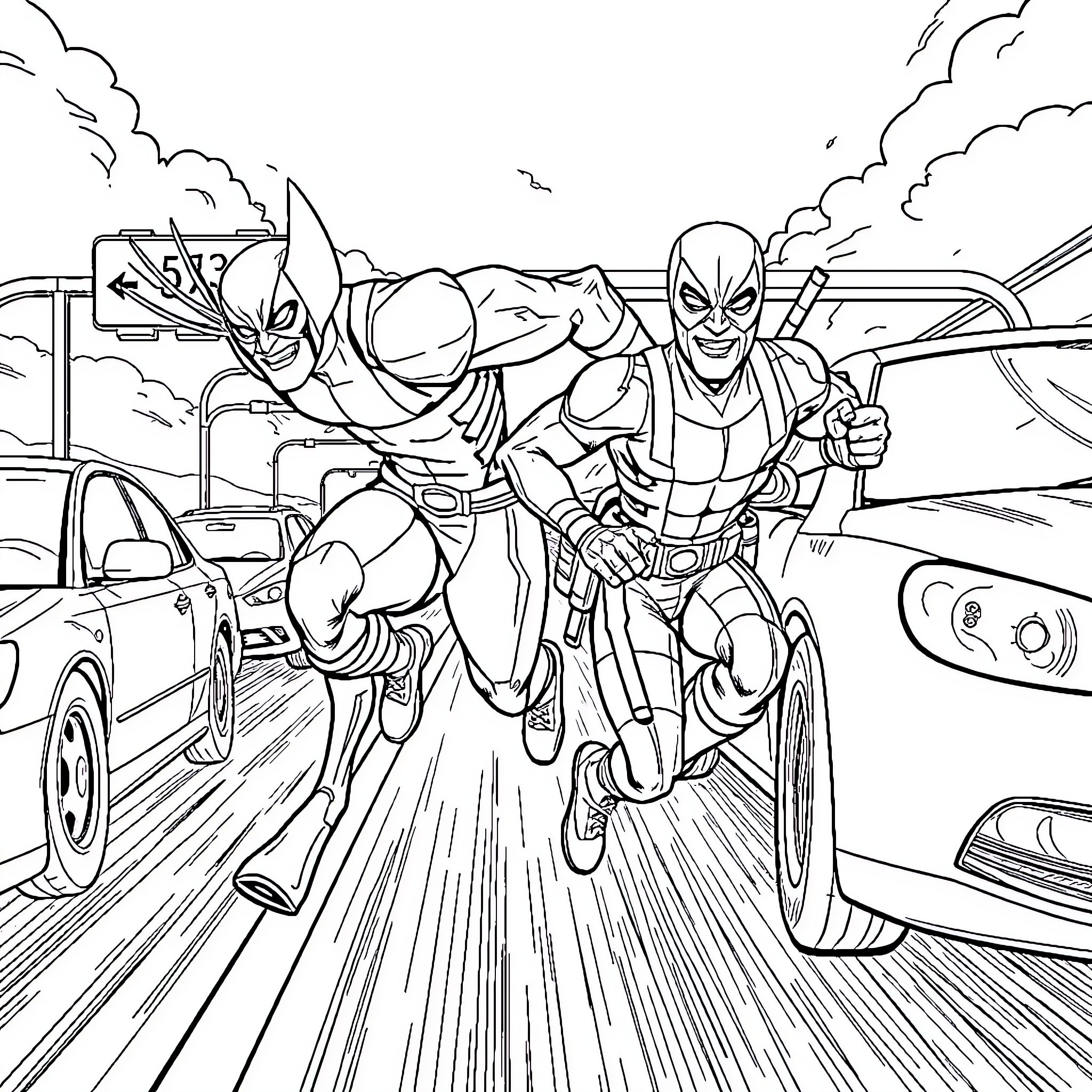 Wolverine racing through the city streets Coloring Page (free black-and-white line drawing printable PDF for all, from beginners to advanced learners, including children, teens, adults, and seniors)