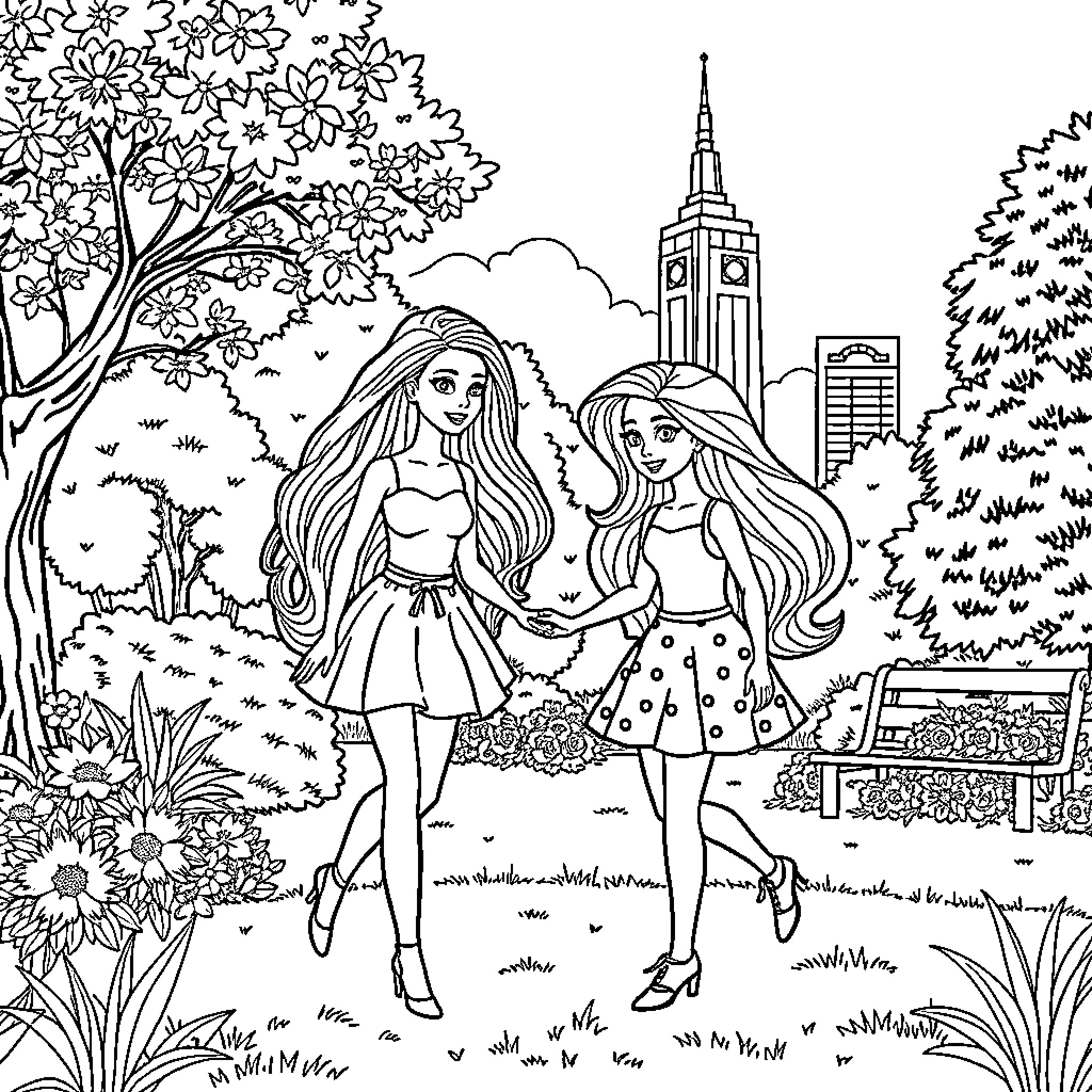 Barbie friends enjoying a day in the park Coloring Page (free black-and-white line drawing printable PDF for all, from beginners to advanced learners, including children, teens, adults, and seniors)