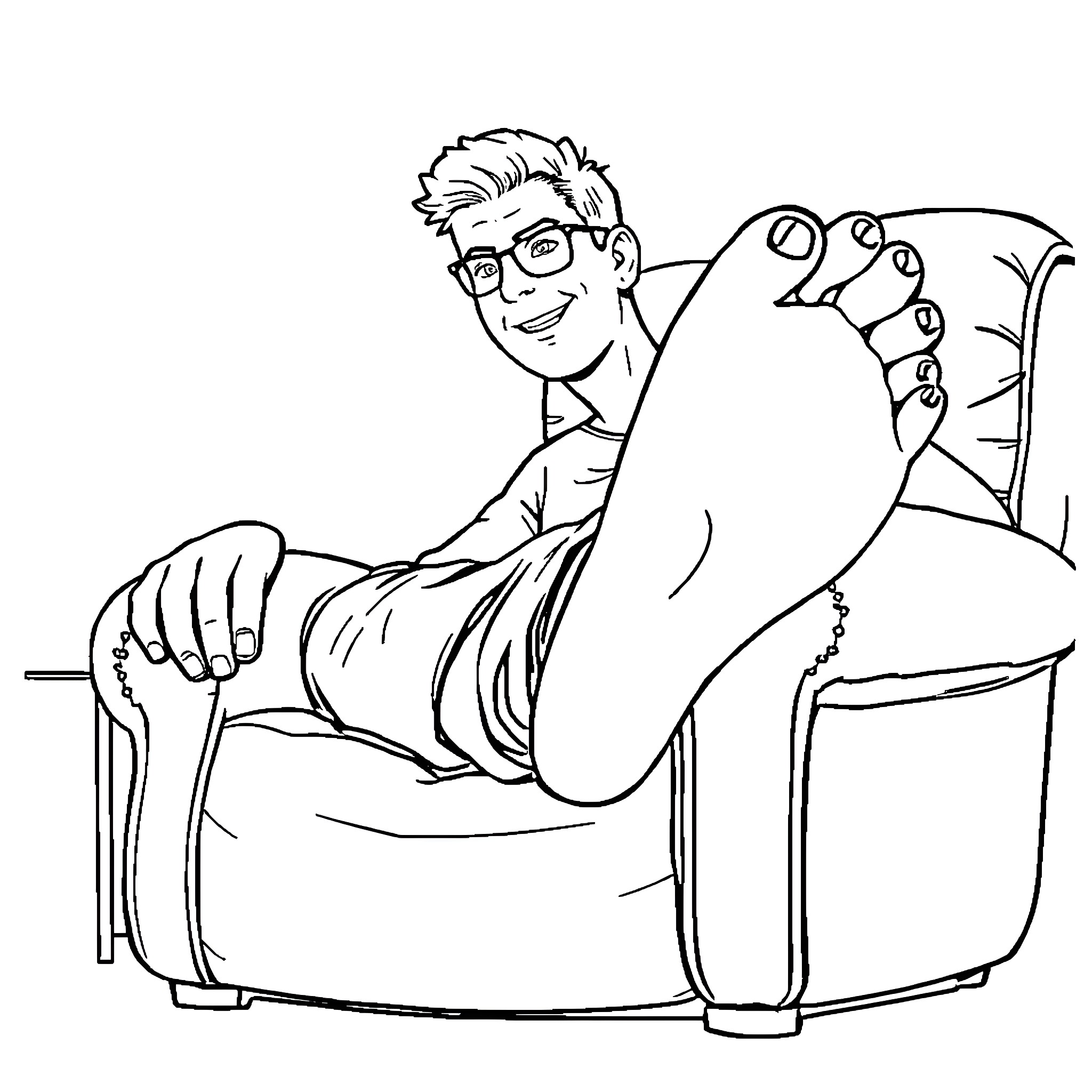 Toenail Clipper Relaxing Comfortably in Chair Coloring Page (free black-and-white line drawing printable PDF for all, from beginners to advanced learners, including children, teens, adults, and seniors)