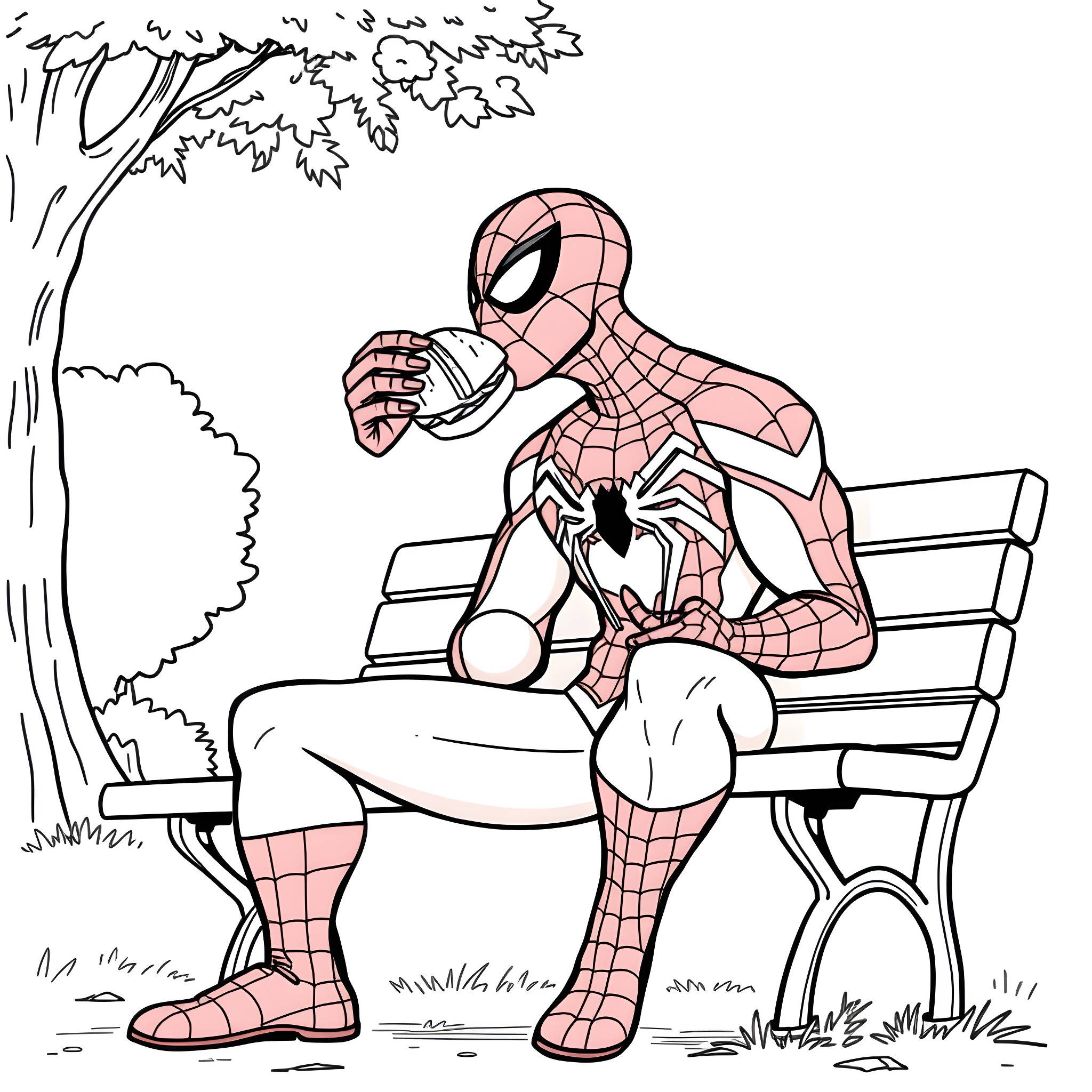 Spiderman sitting on a bench in the park Coloring Page (free black-and-white line drawing printable PDF for all, from beginners to advanced learners, including children, teens, adults, and seniors)