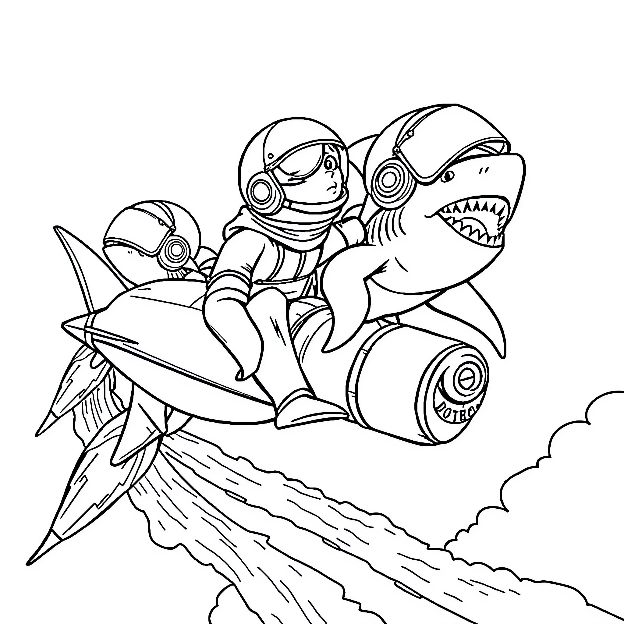 Shark-themed astronauts exploring outer space Coloring Page (free black-and-white line drawing printable PDF for all, from beginners to advanced learners, including children, teens, adults, and seniors)