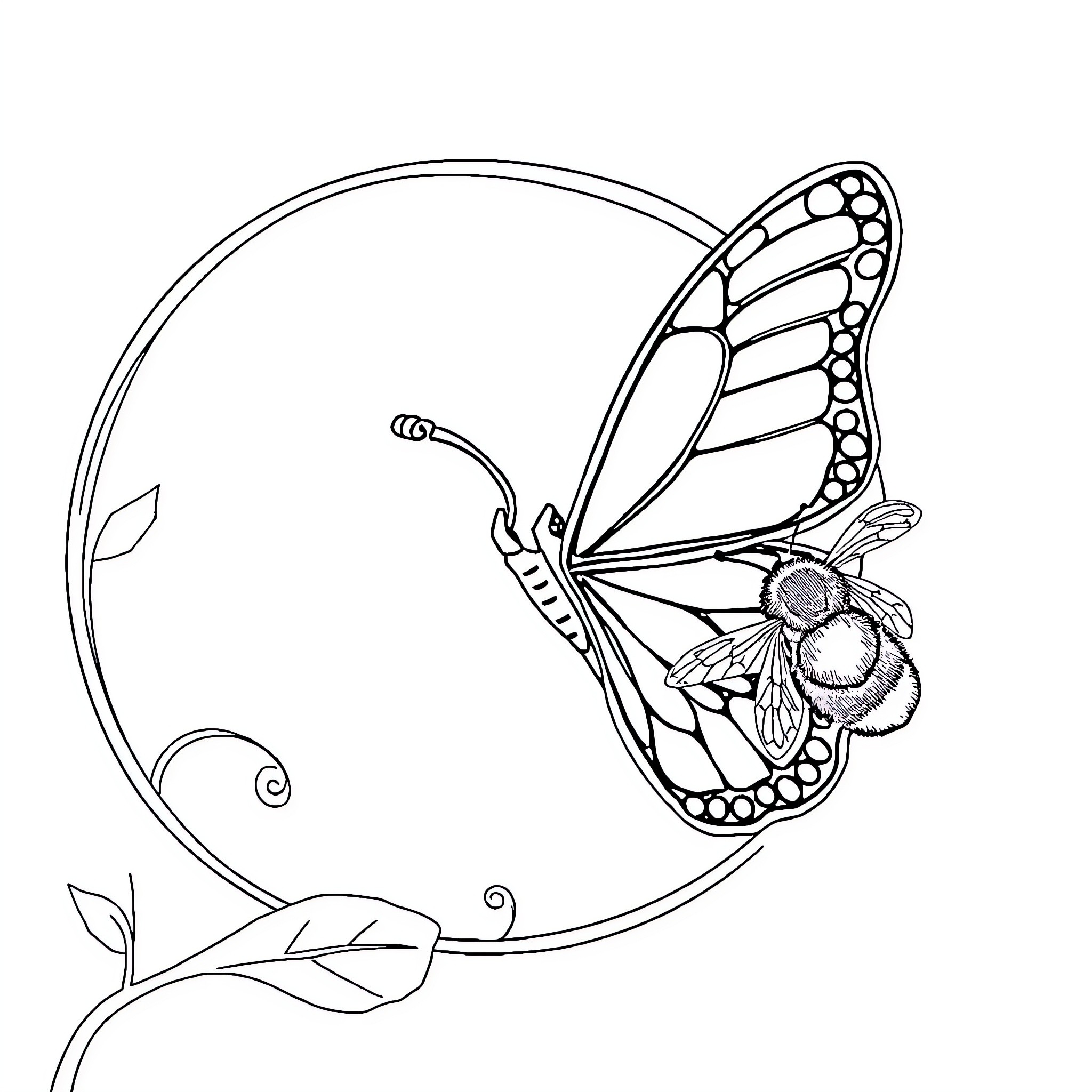 Butterfly elegantly perched on a floral branch Coloring Page (free black-and-white line drawing printable PDF for all, from beginners to advanced learners, including children, teens, adults, and seniors)