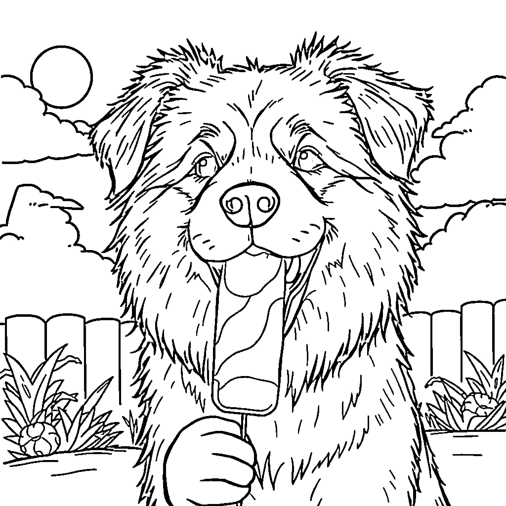 Dog enjoying the outdoors on a sunny day Coloring Page (free black-and-white line drawing printable PDF for all, from beginners to advanced learners, including children, teens, adults, and seniors)