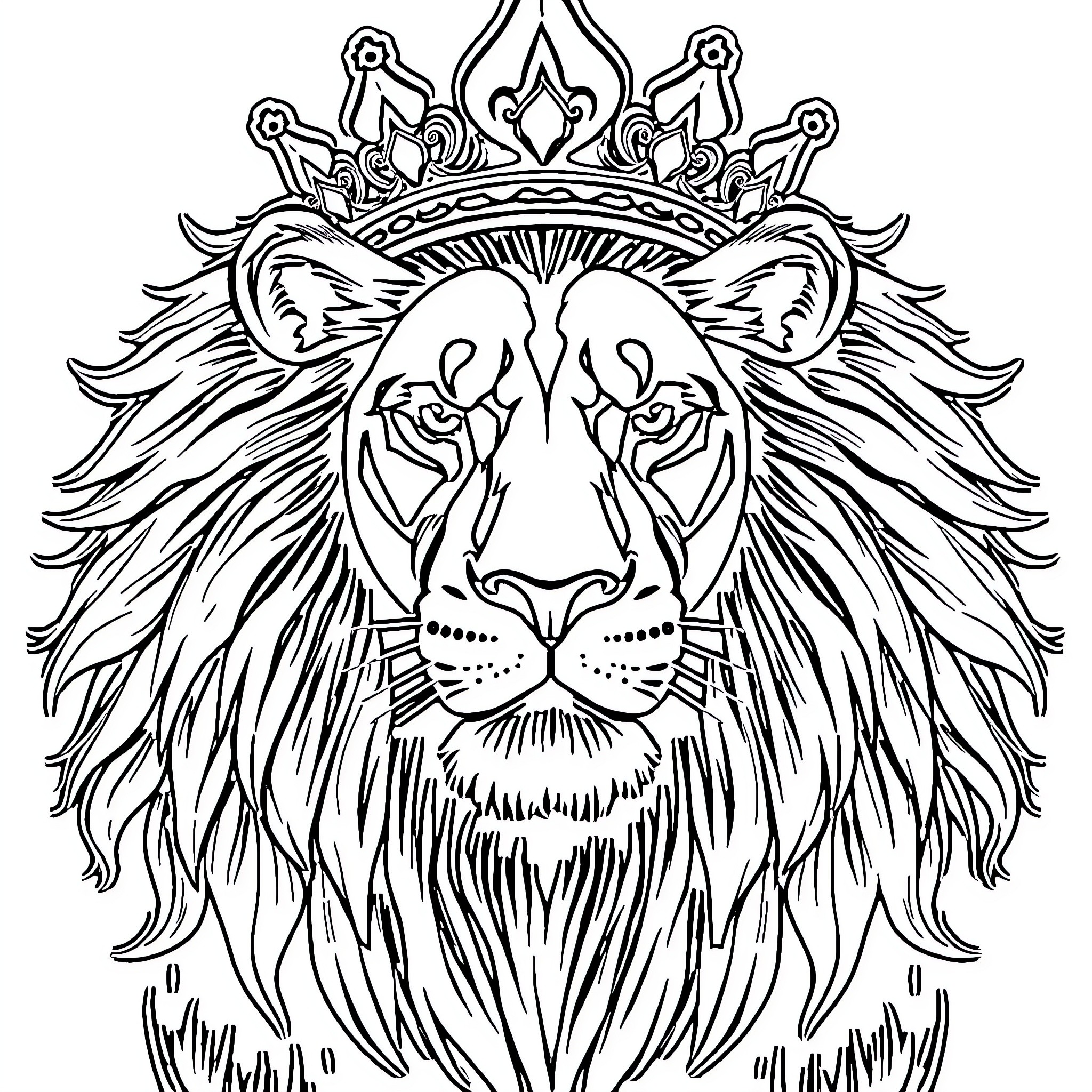 Lion with majestic crown and flowing mane Coloring Page (free black-and-white line drawing printable PDF for all, from beginners to advanced learners, including children, teens, adults, and seniors)