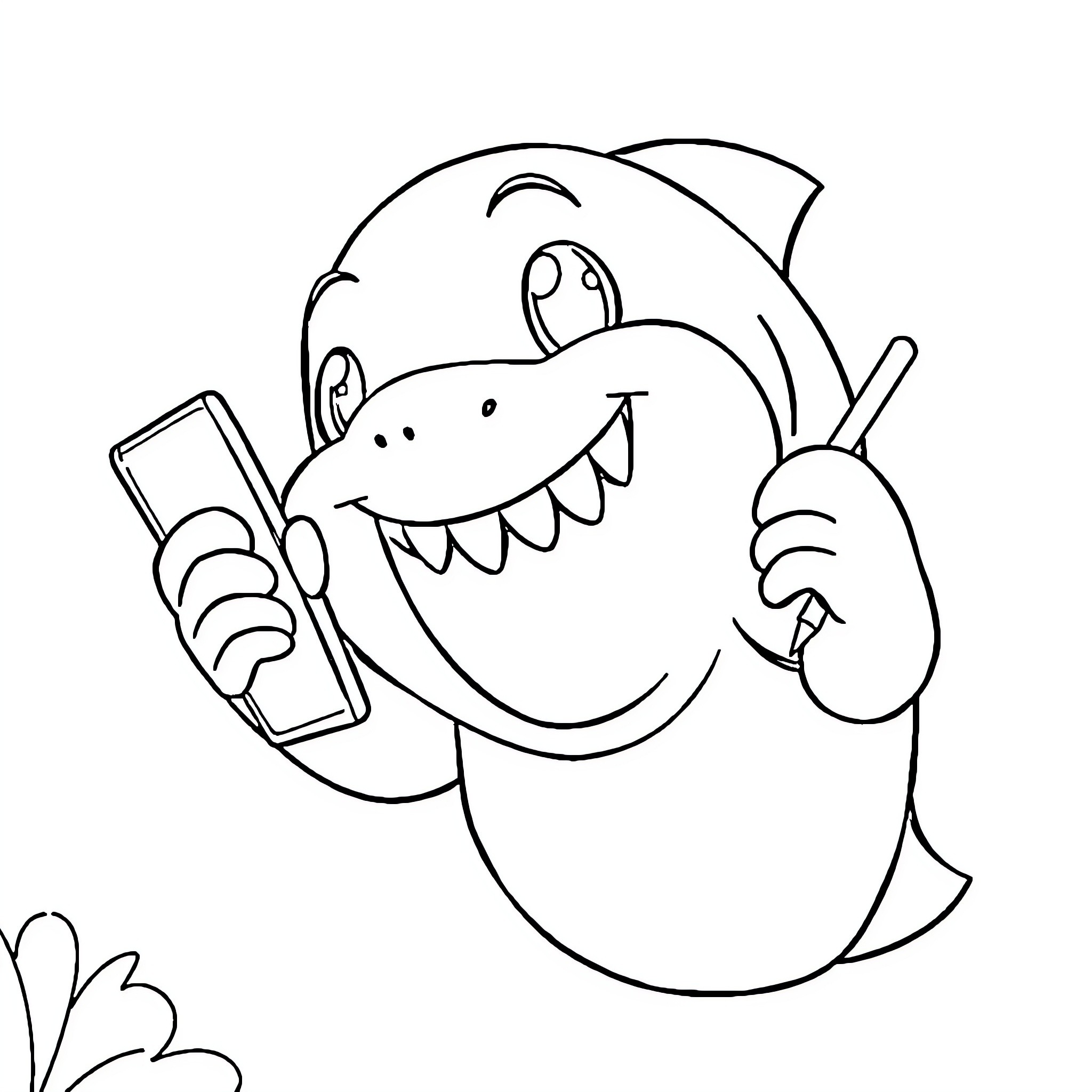 Baby Shark singing and dancing with smartphone Coloring Page (free black-and-white line drawing printable PDF for all, from beginners to advanced learners, including children, teens, adults, and seniors)