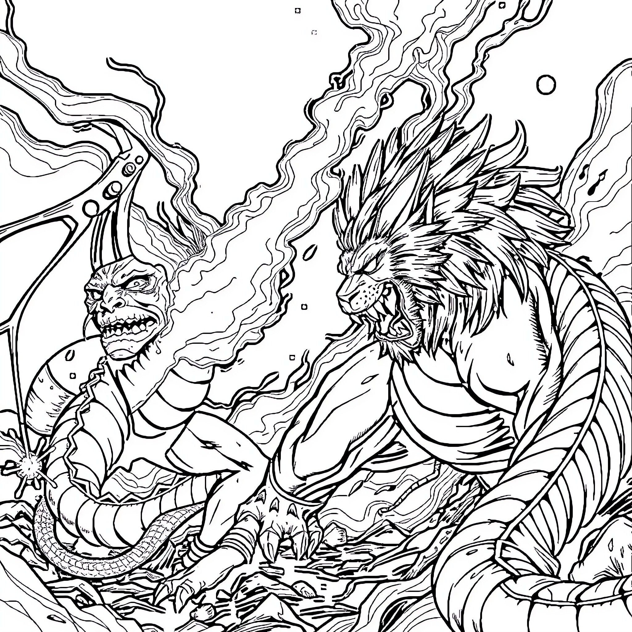 Lion's Fierce Confrontation with Mythical Creature Coloring Page (free black-and-white line drawing printable PDF for all, from beginners to advanced learners, including children, teens, adults, and seniors)