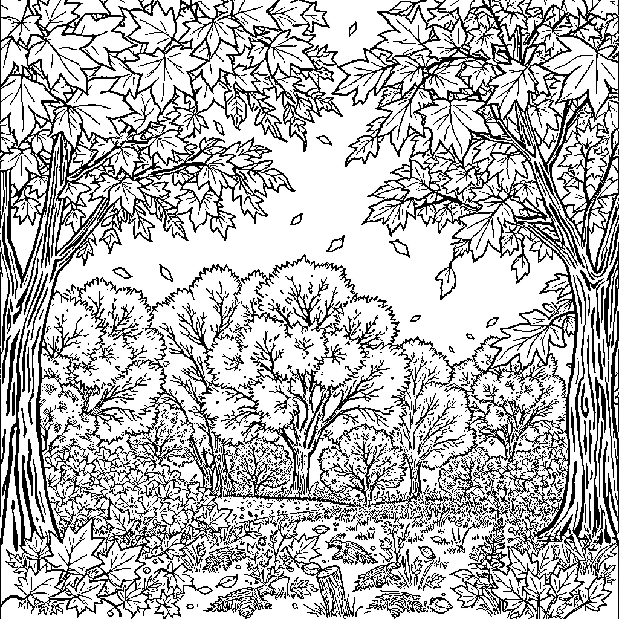 Autumn Landscape with Falling Leaves Coloring Page (free black-and-white line drawing printable PDF for all, from beginners to advanced learners, including children, teens, adults, and seniors)
