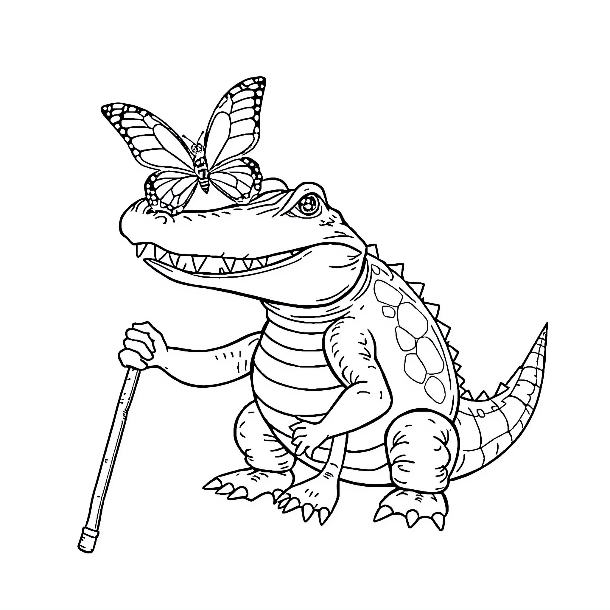 Crocodile with butterfly on its head holding a walking stick Coloring Page (free black-and-white line drawing printable PDF for all, from beginners to advanced learners, including children, teens, adults, and seniors)