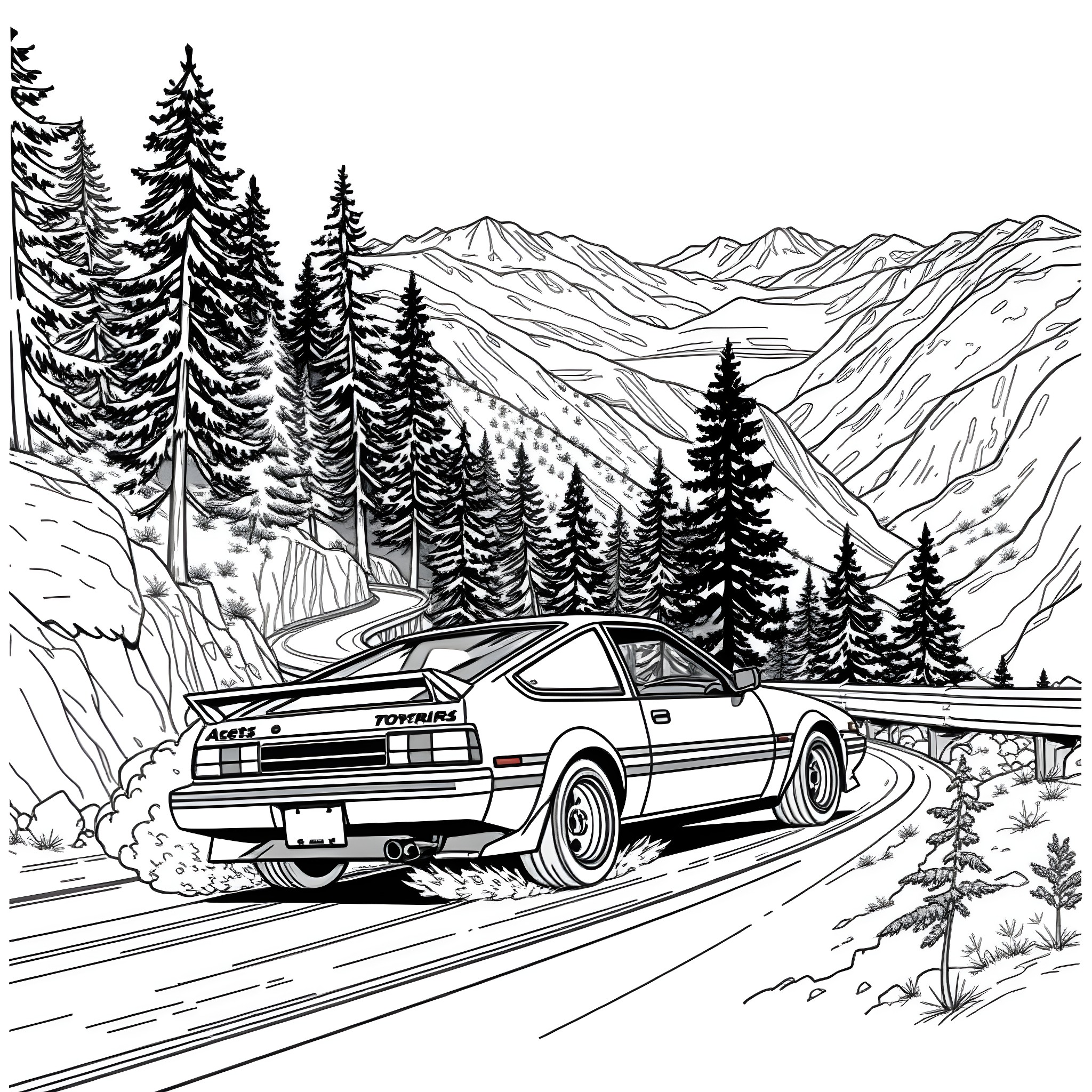 Toyota AE86 racing through a snowy mountain landscape Coloring Page (free black-and-white line drawing printable PDF for all, from beginners to advanced learners, including children, teens, adults, and seniors)