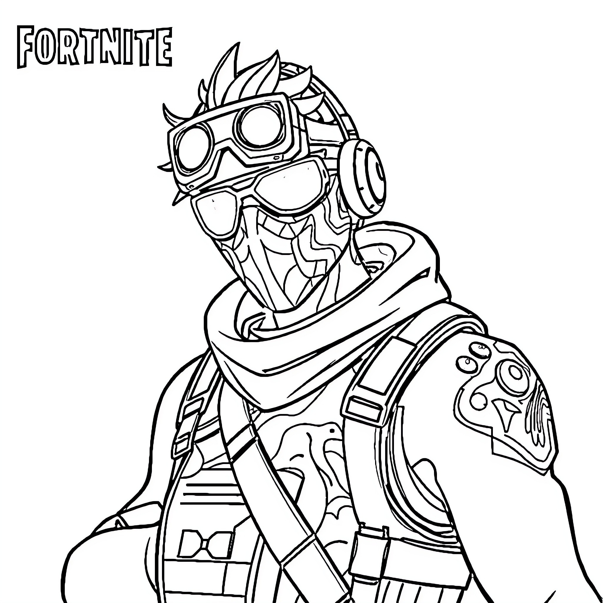 Skin-masked warrior in futuristic outfit Coloring Page (free black-and-white line drawing printable PDF for all, from beginners to advanced learners, including children, teens, adults, and seniors)