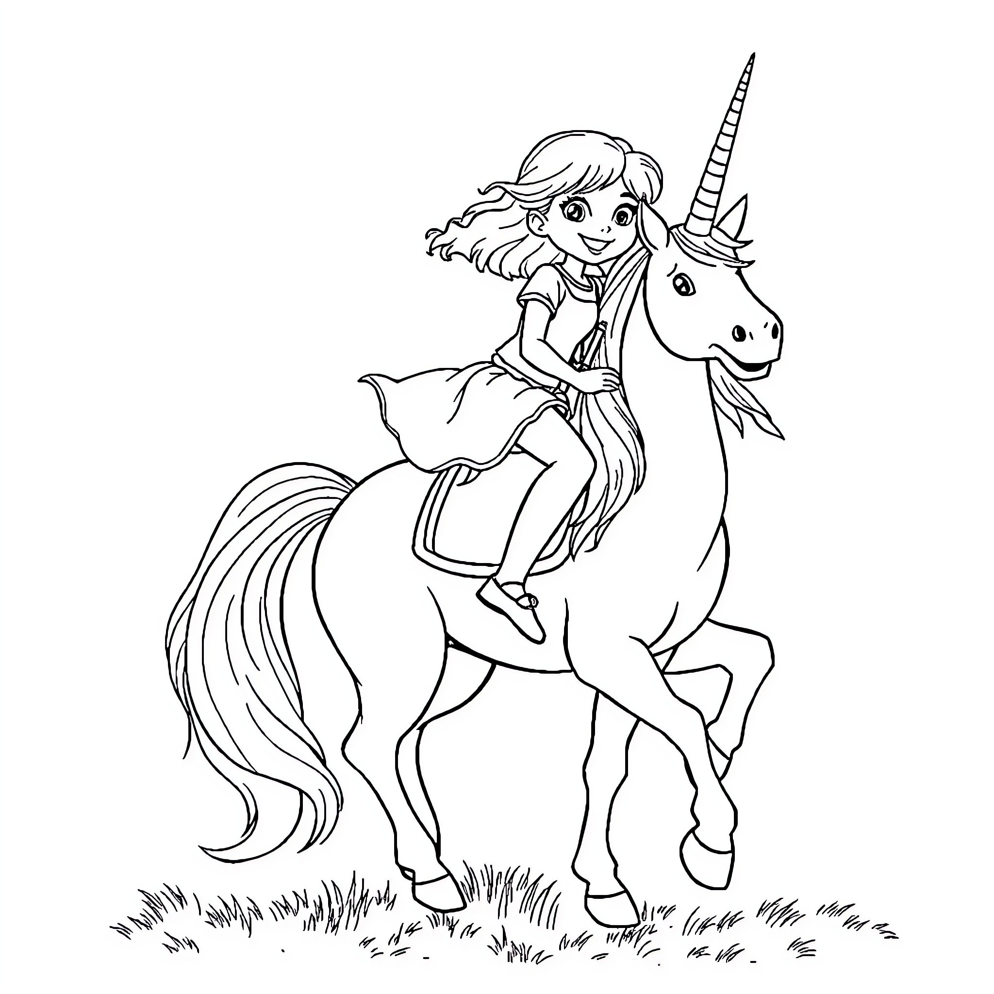 Girl riding a unicorn through a field Coloring Page (free black-and-white line drawing printable PDF for all, from beginners to advanced learners, including children, teens, adults, and seniors)