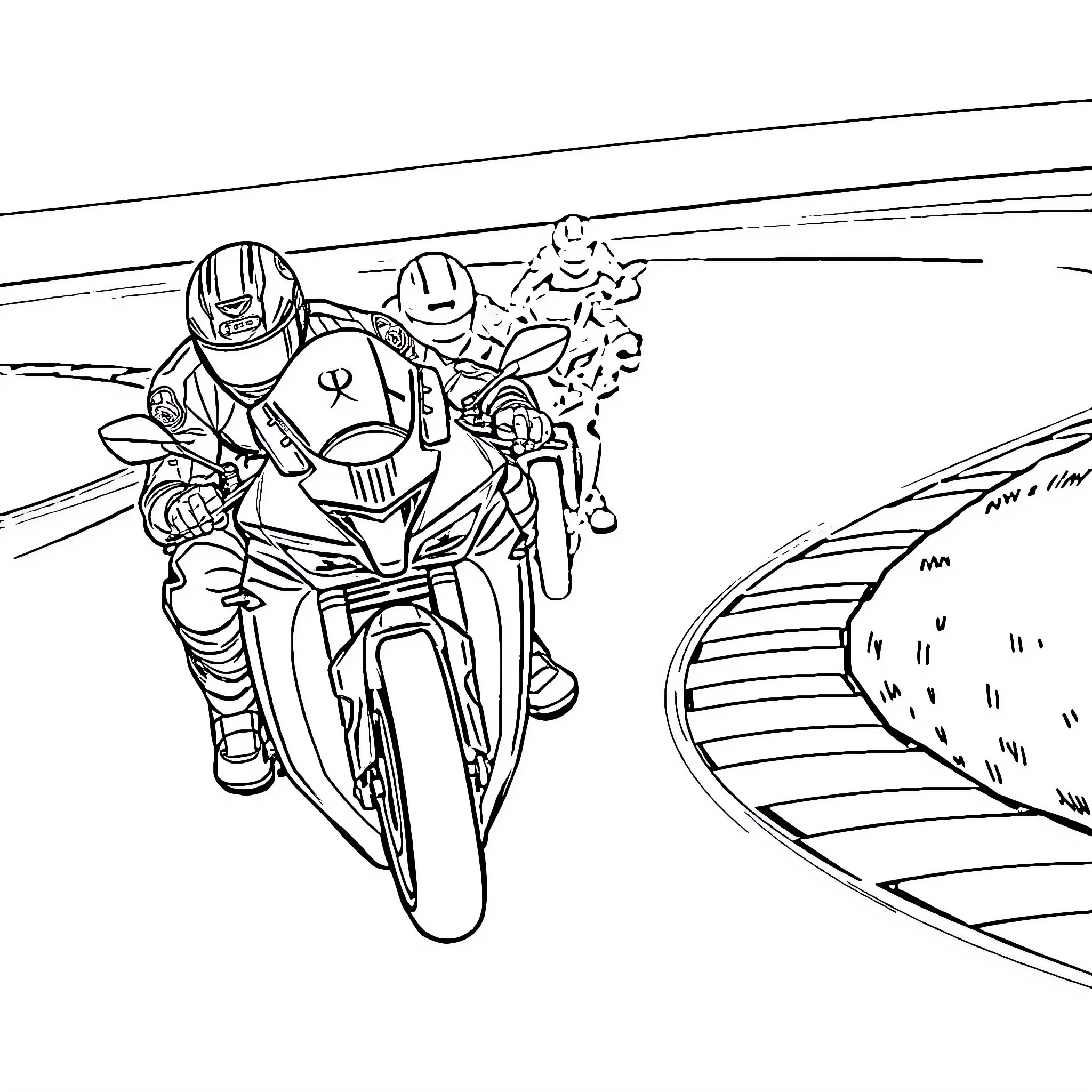 Moto racers speeding on a winding track Coloring Page (free black-and-white line drawing printable PDF for all, from beginners to advanced learners, including children, teens, adults, and seniors)