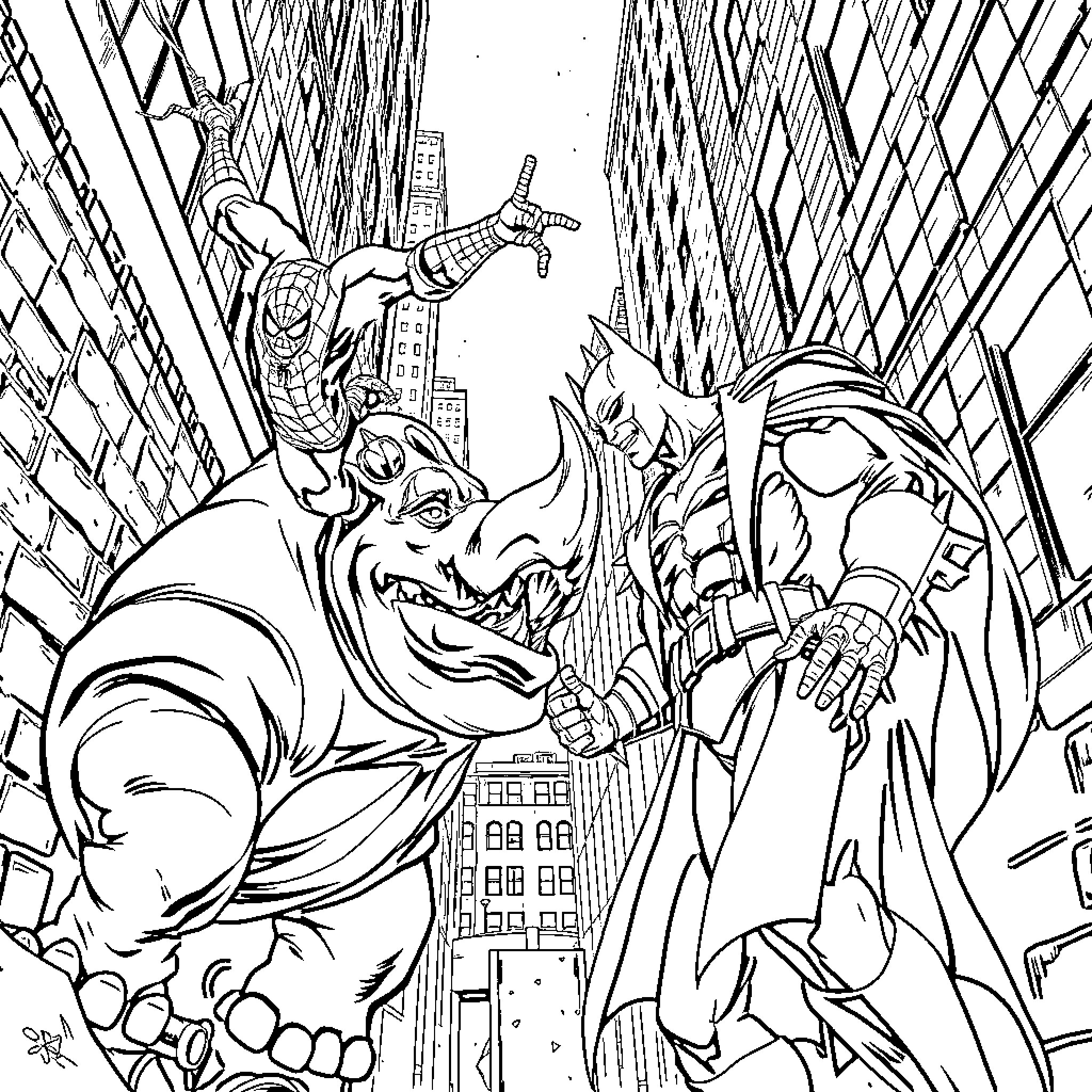 Spider-Man battling a villainous foe in the city Coloring Page (free black-and-white line drawing printable PDF for all, from beginners to advanced learners, including children, teens, adults, and seniors)