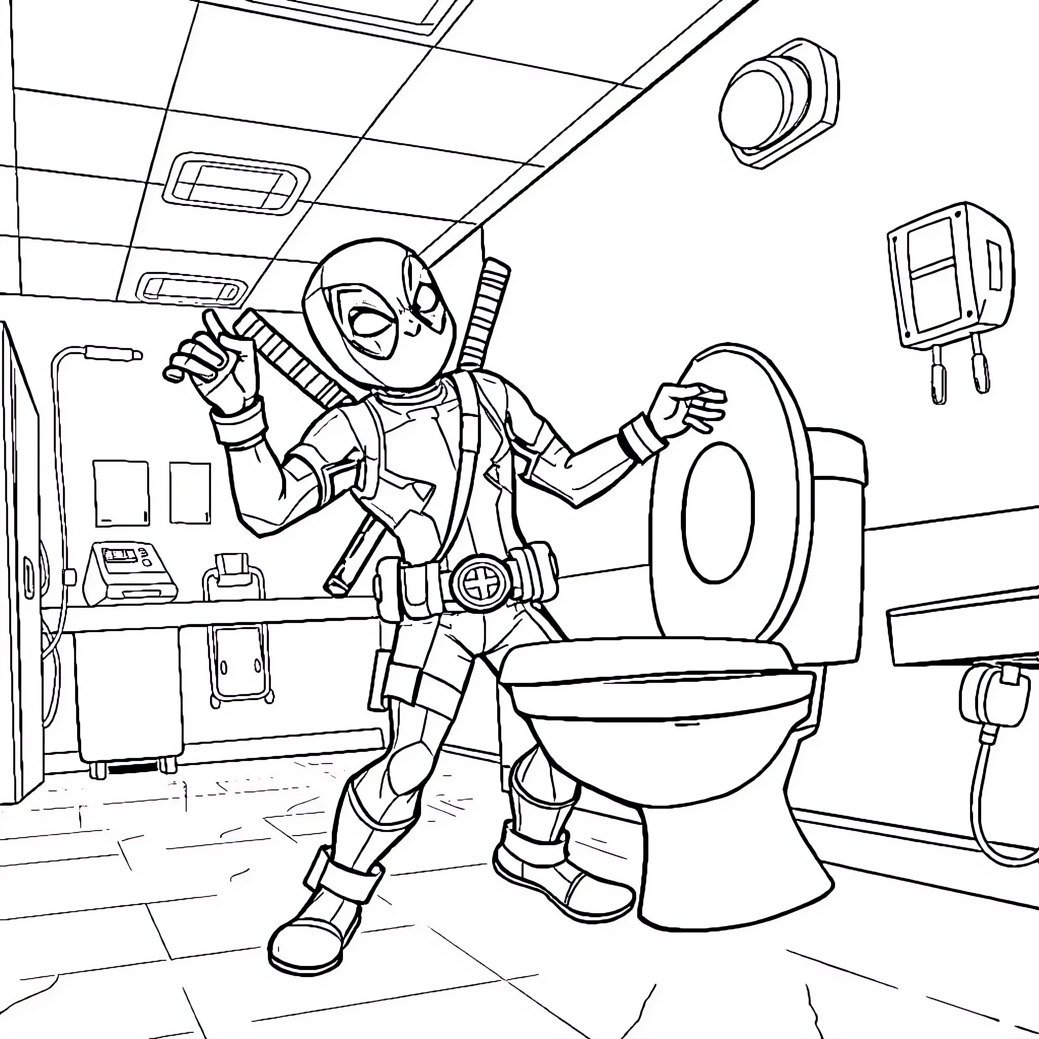 Deadpool's Bathroom Antics Coloring Page (free black-and-white line drawing printable PDF for all, from beginners to advanced learners, including children, teens, adults, and seniors)