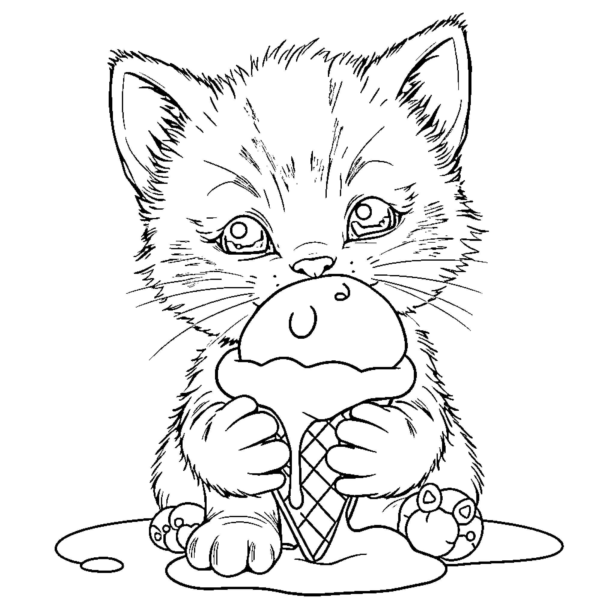 Kitten enjoying a tasty ice cream treat Coloring Page (free black-and-white line drawing printable PDF for all, from beginners to advanced learners, including children, teens, adults, and seniors)