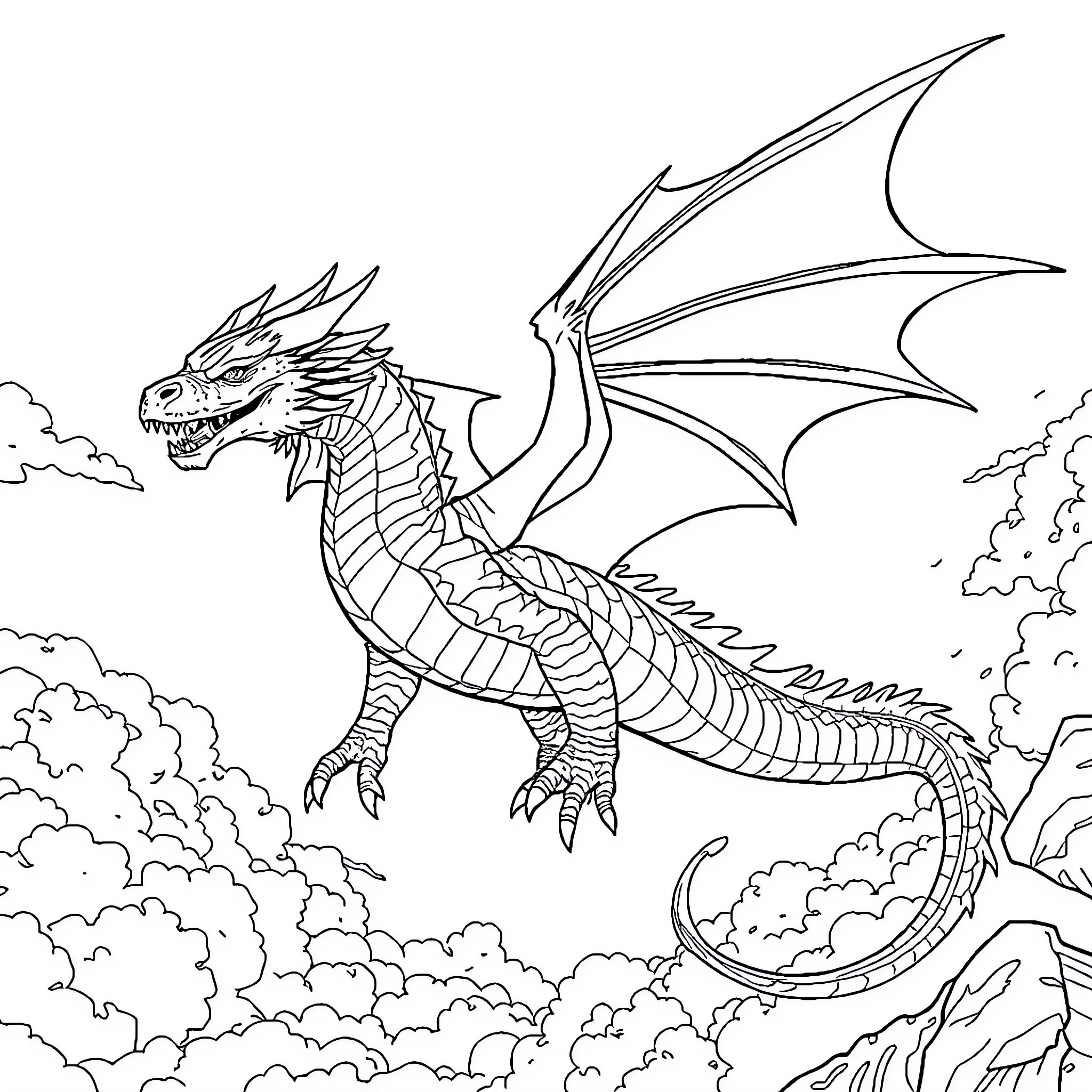 Dragon soaring through the cloudy skies Coloring Page (free black-and-white line drawing printable PDF for all, from beginners to advanced learners, including children, teens, adults, and seniors)